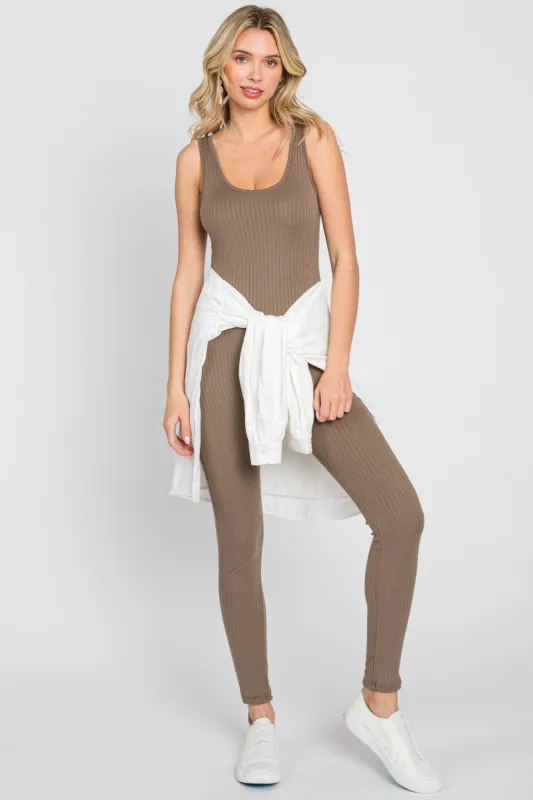 Taupe Ribbed Bodycon Jumpsuit sold by Pinkblush
