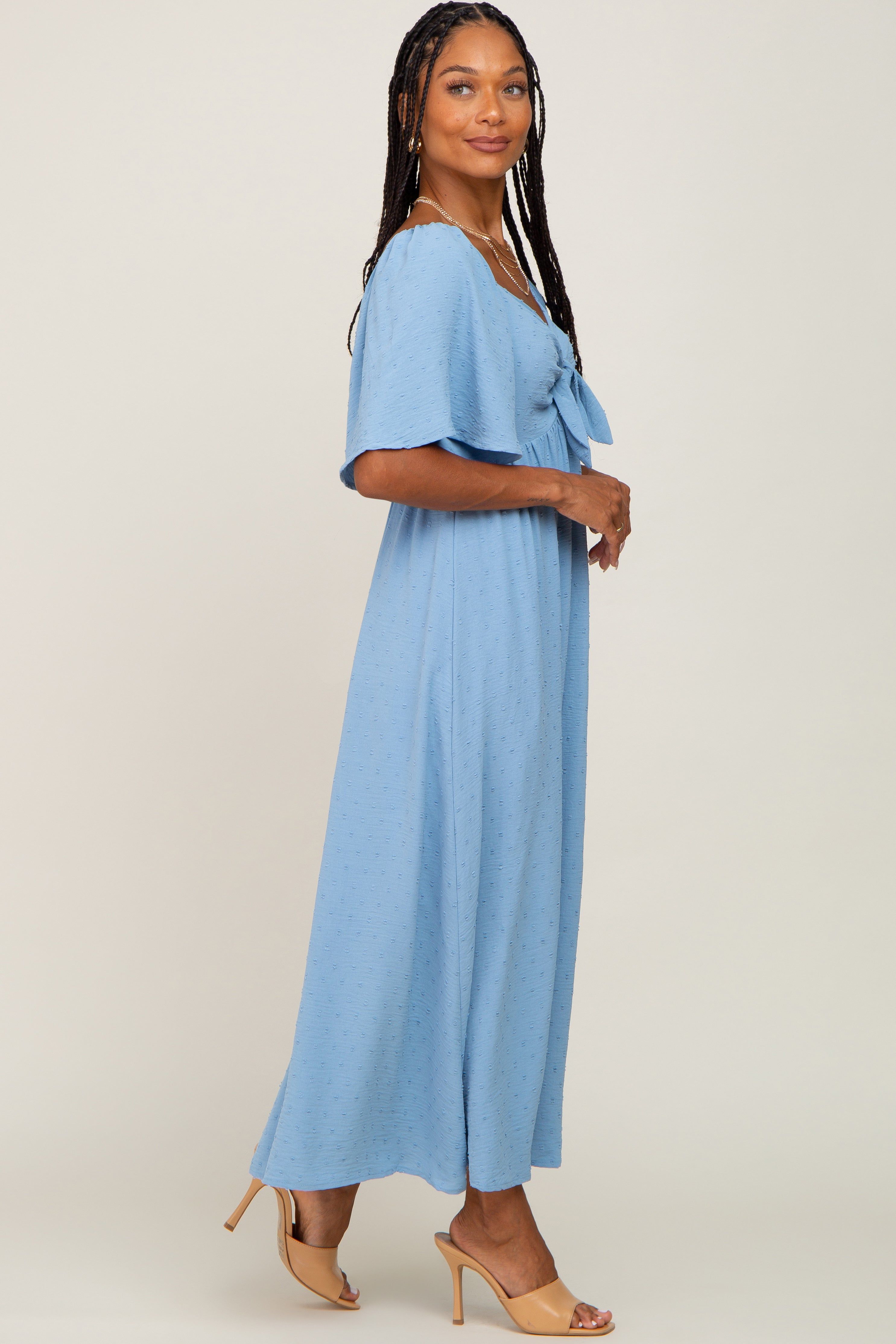 Blue Textured Dot Front Tie Ruffle Sleeve Midi Dress sold by Pinkblush product image thumbnail 2