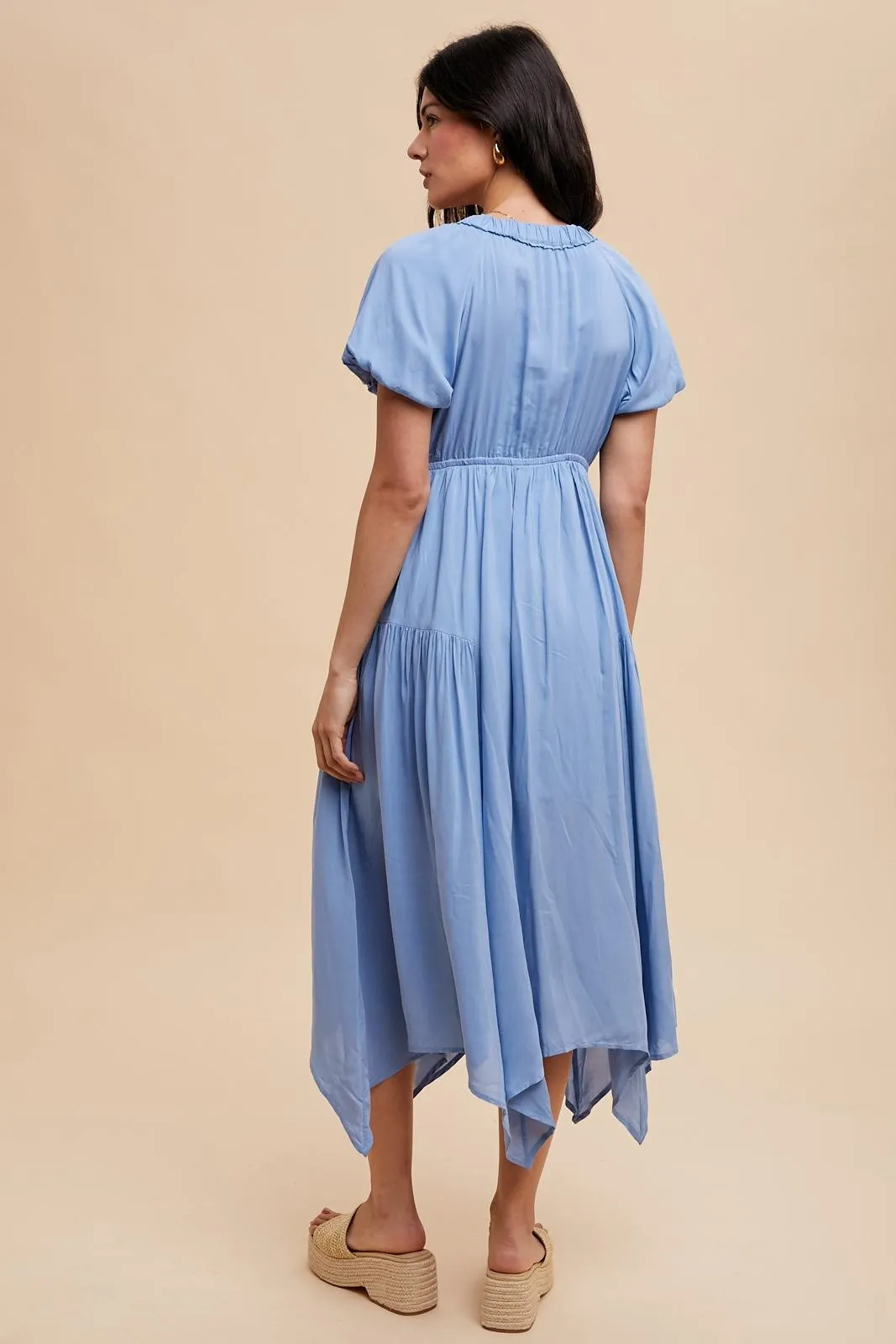 Blue Deep V-Neck Puff Short Sleeve Asymmetrical Hem Midi Dress sold by Pinkblush product image thumbnail 4