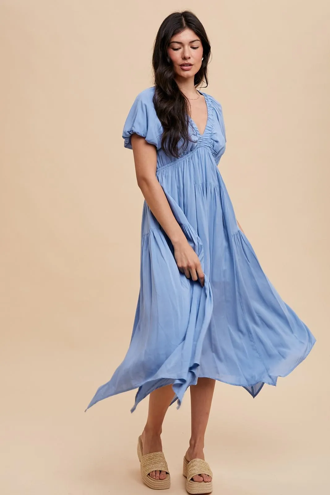 Blue Deep V-Neck Puff Short Sleeve Asymmetrical Hem Midi Dress sold by Pinkblush