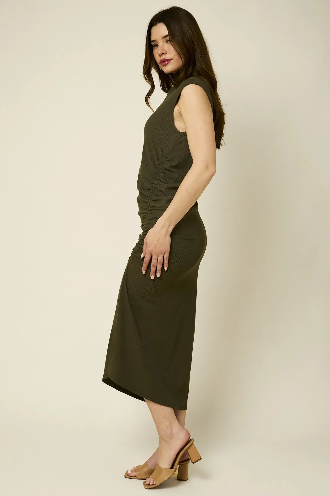 Olive Mock Neck Side Ruched Side Slit Dress sold by Pinkblush product image thumbnail 2