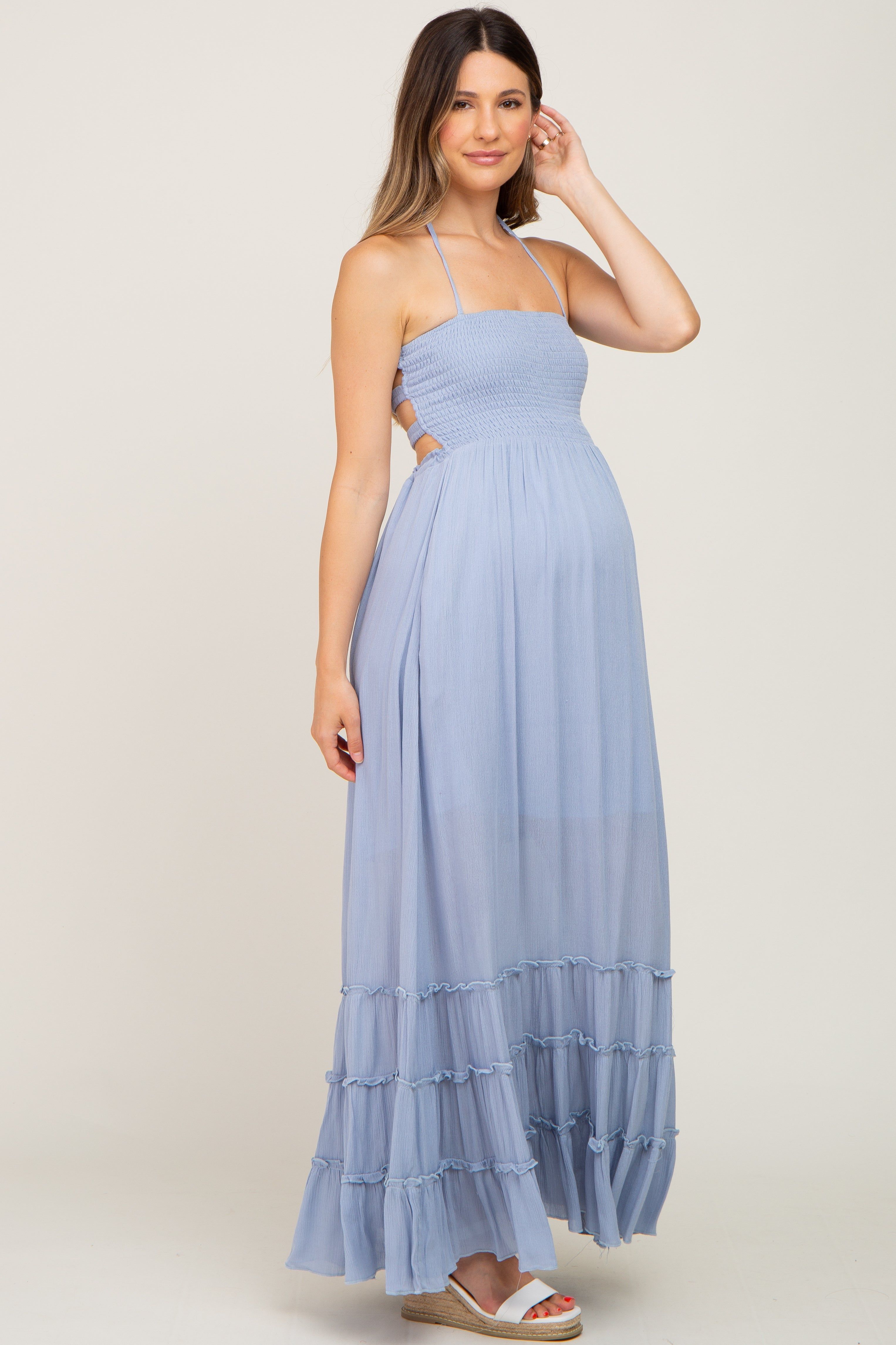 Light Blue Halter Smocked Maternity Maxi Dress sold by Pinkblush product image thumbnail 2