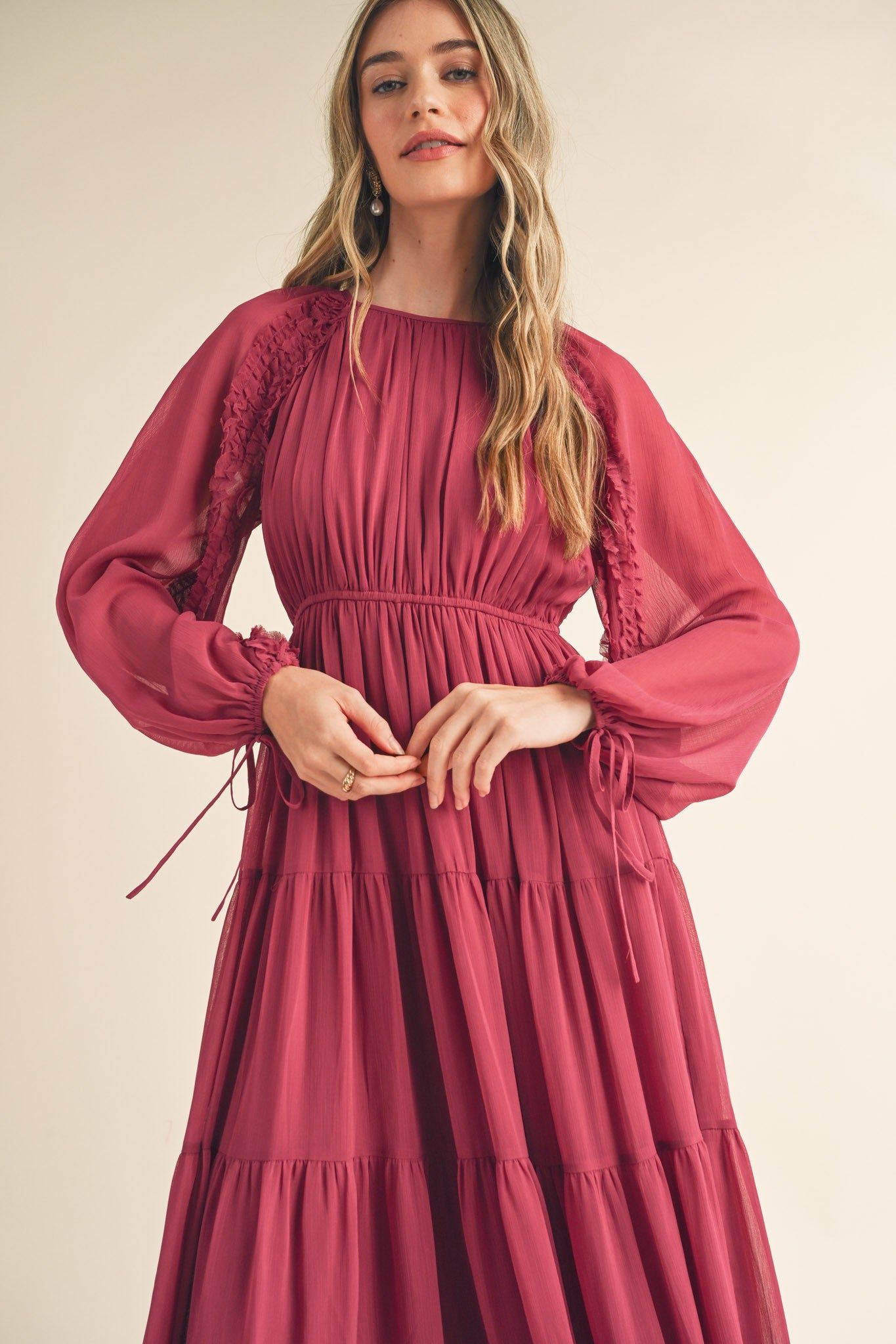 Magenta Tiered Ruffle Sleeve Midi Dress sold by Pinkblush product image thumbnail 4