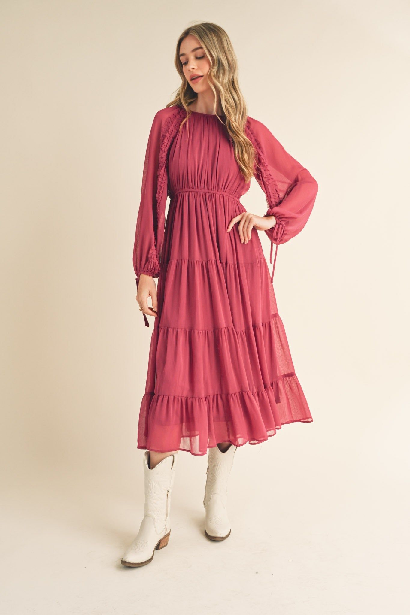 Magenta Tiered Ruffle Sleeve Midi Dress sold by Pinkblush