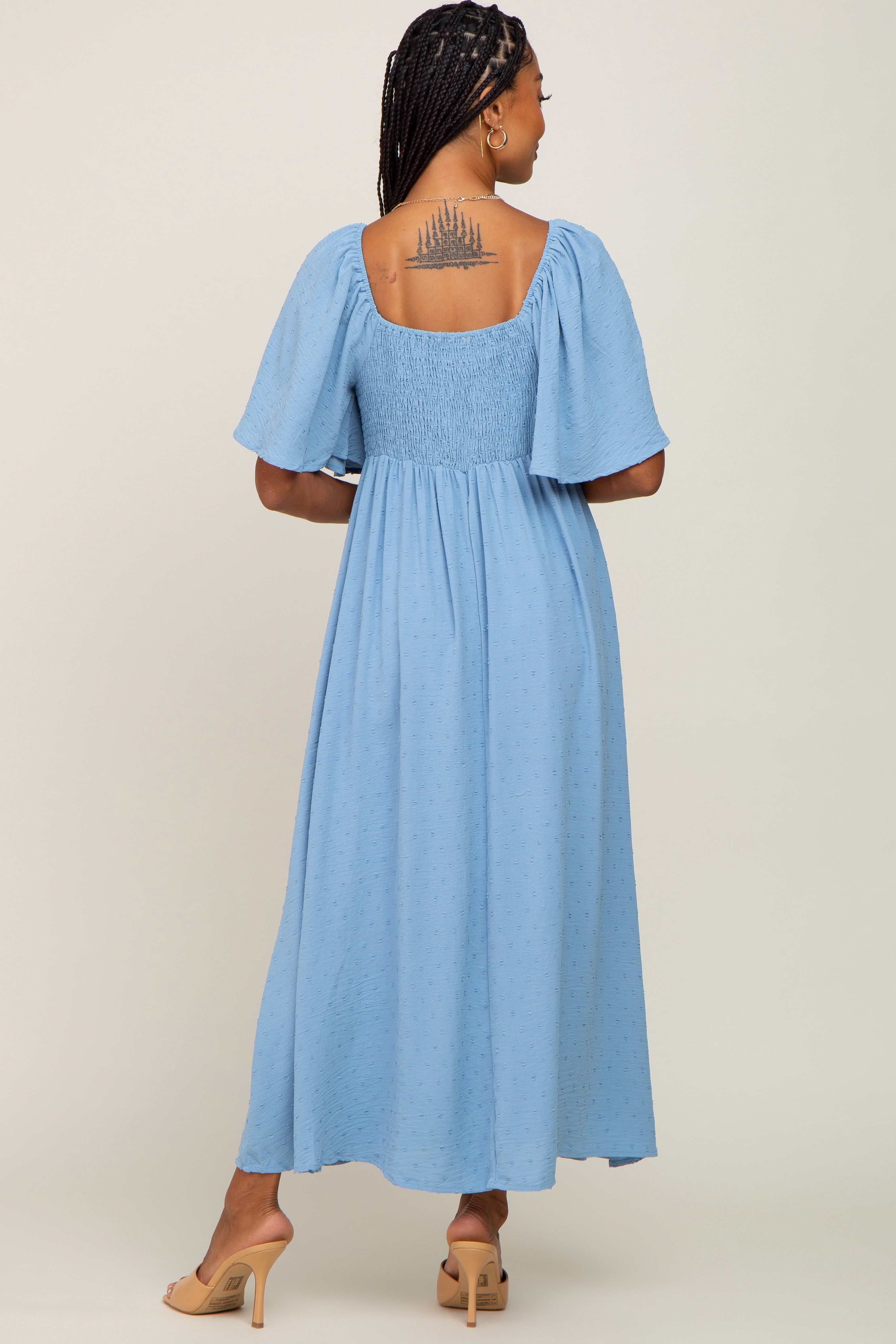 Blue Textured Dot Front Tie Ruffle Sleeve Midi Dress sold by Pinkblush product image thumbnail 3