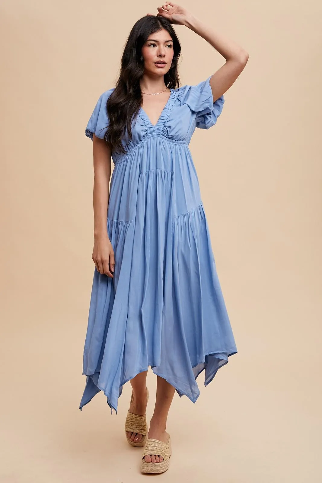 Blue Deep V-Neck Puff Short Sleeve Asymmetrical Hem Midi Dress sold by Pinkblush product image thumbnail 2