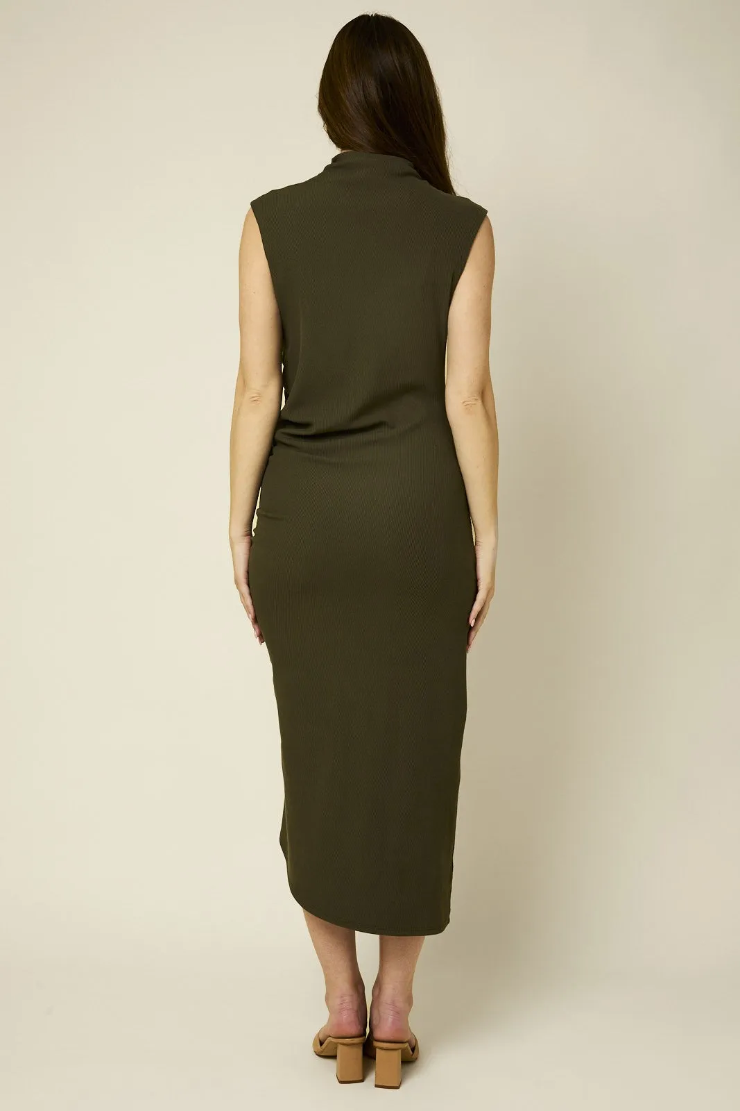 Olive Mock Neck Side Ruched Side Slit Dress sold by Pinkblush product image thumbnail 3