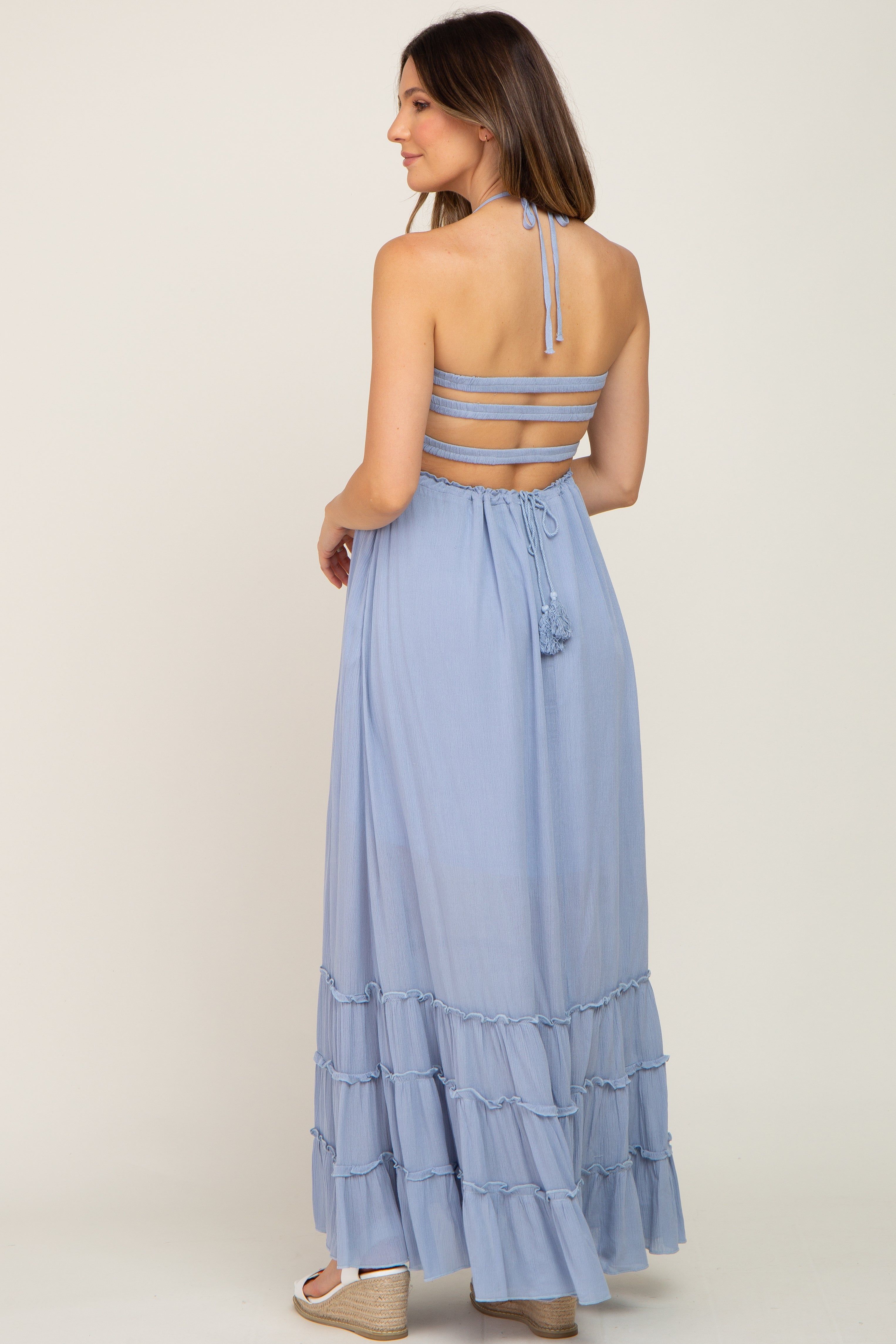 Light Blue Halter Smocked Maternity Maxi Dress sold by Pinkblush product image thumbnail 3