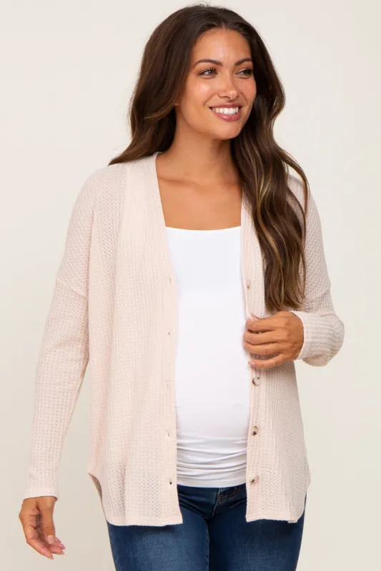 Beige Waffle Knit Button Down Maternity Top sold by Pinkblush