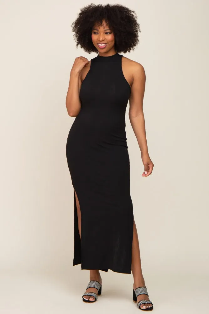 Black Ribbed Side Slit Maxi Dress sold by Pinkblush