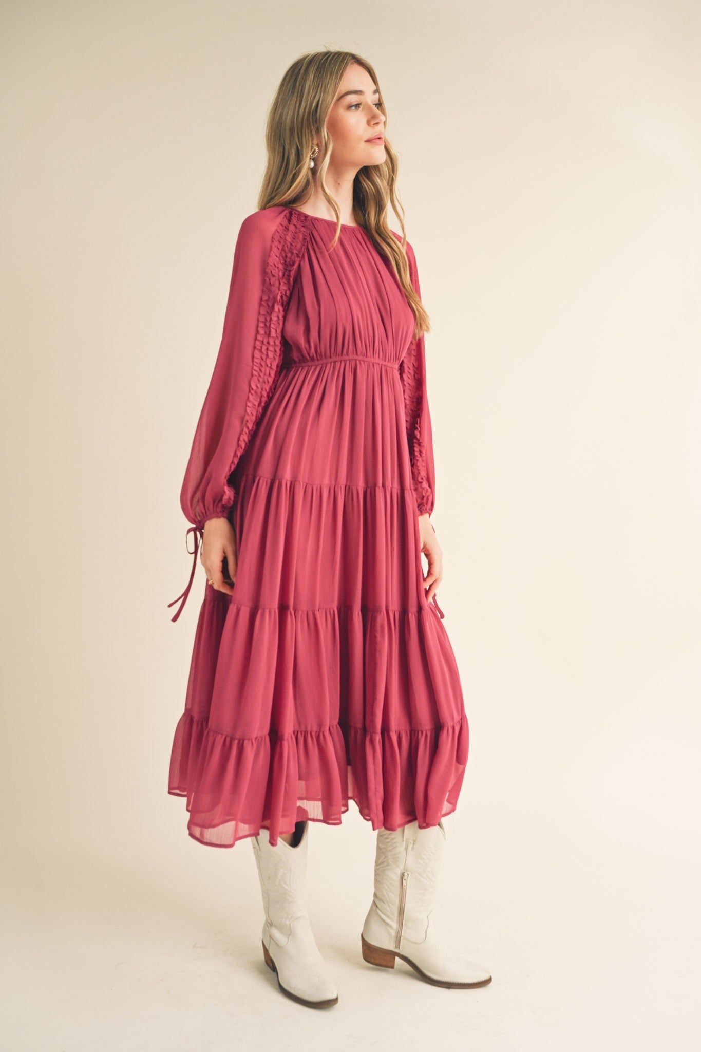 Magenta Tiered Ruffle Sleeve Midi Dress sold by Pinkblush product image thumbnail 2