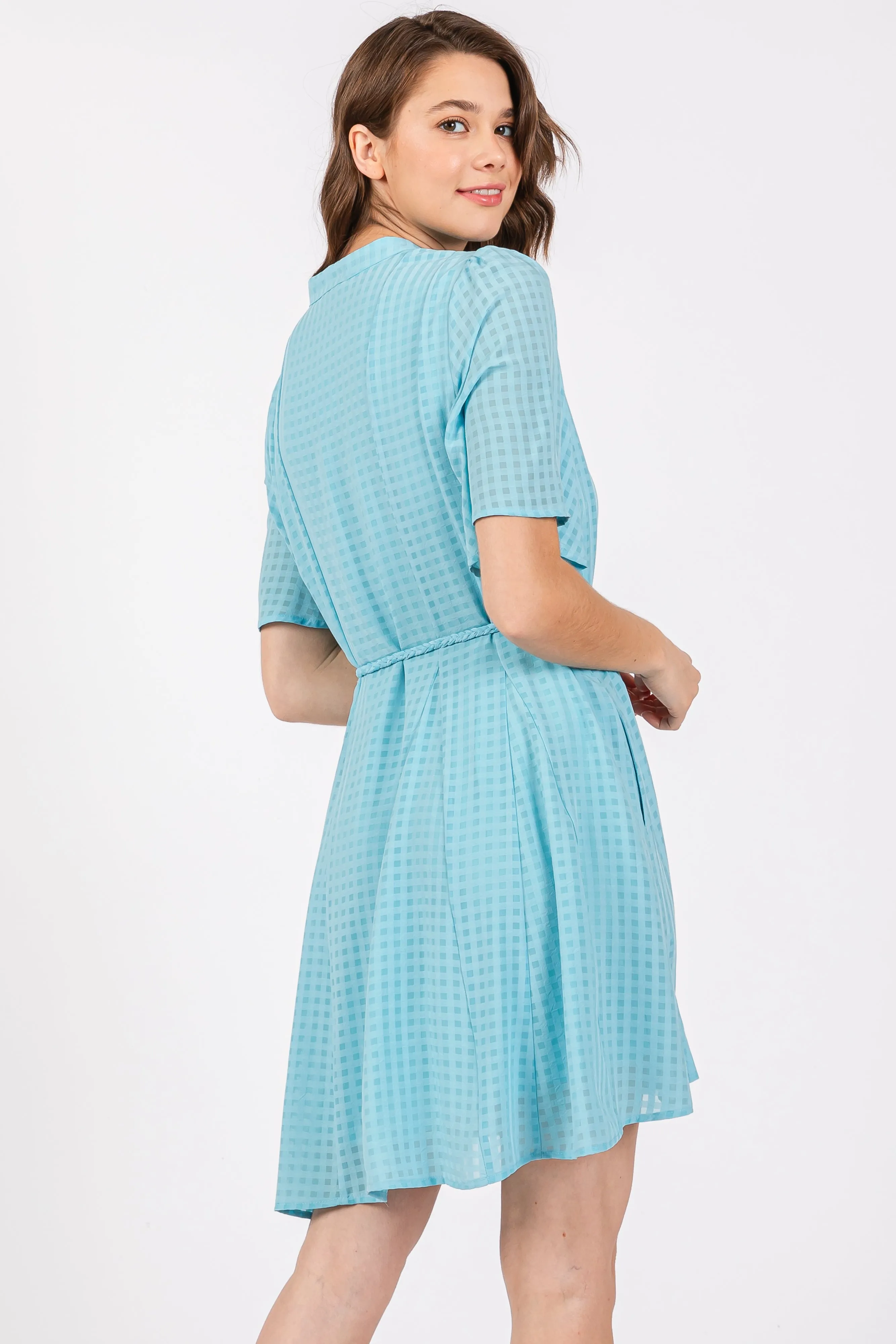 Light Blue Checkered Braided Belt Button Front Dress sold by Pinkblush product image thumbnail 4
