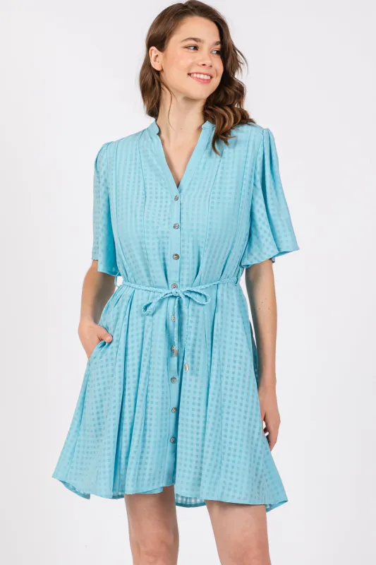 Light Blue Checkered Braided Belt Button Front Dress sold by Pinkblush