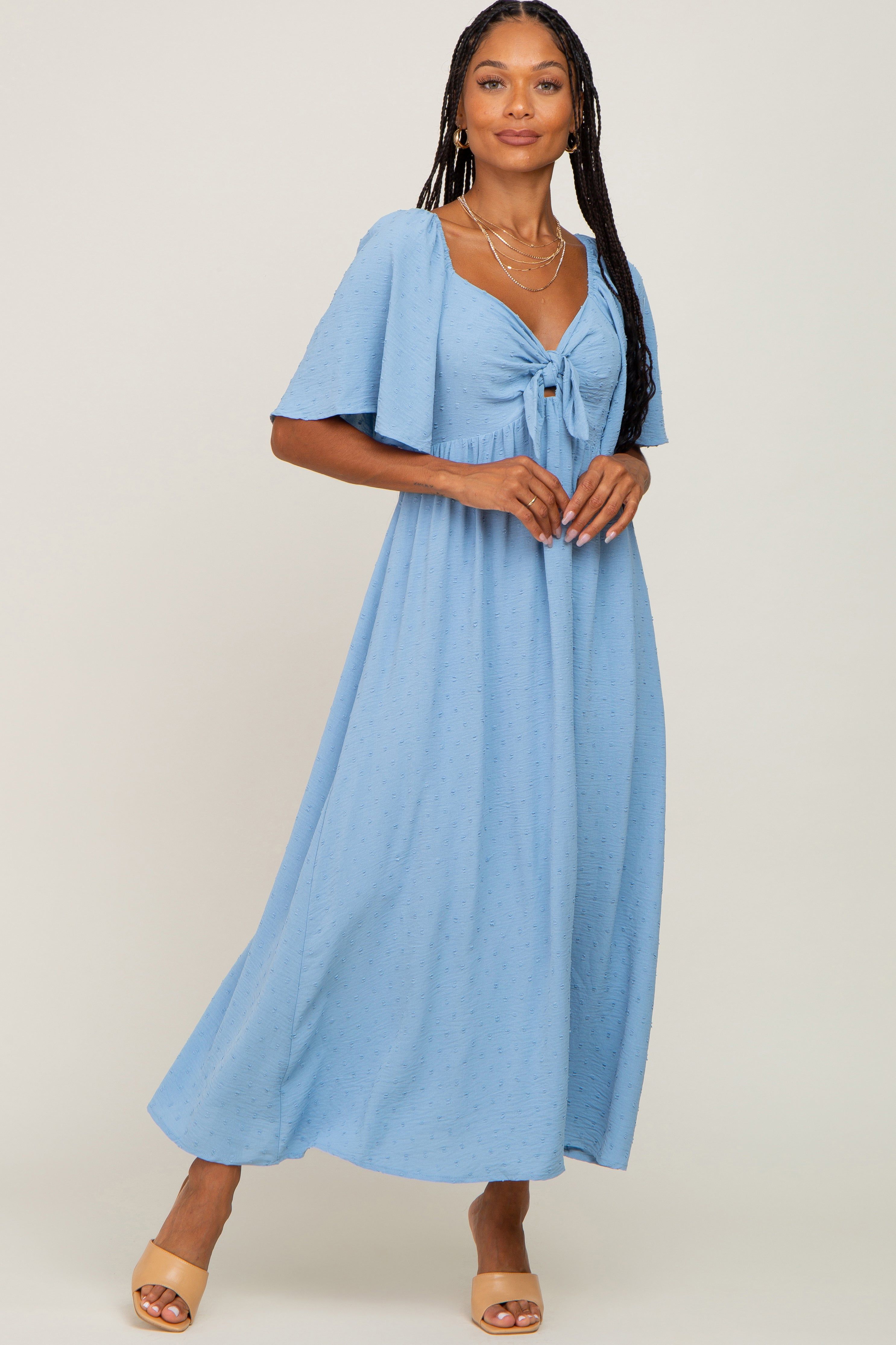Blue Textured Dot Front Tie Ruffle Sleeve Midi Dress sold by Pinkblush