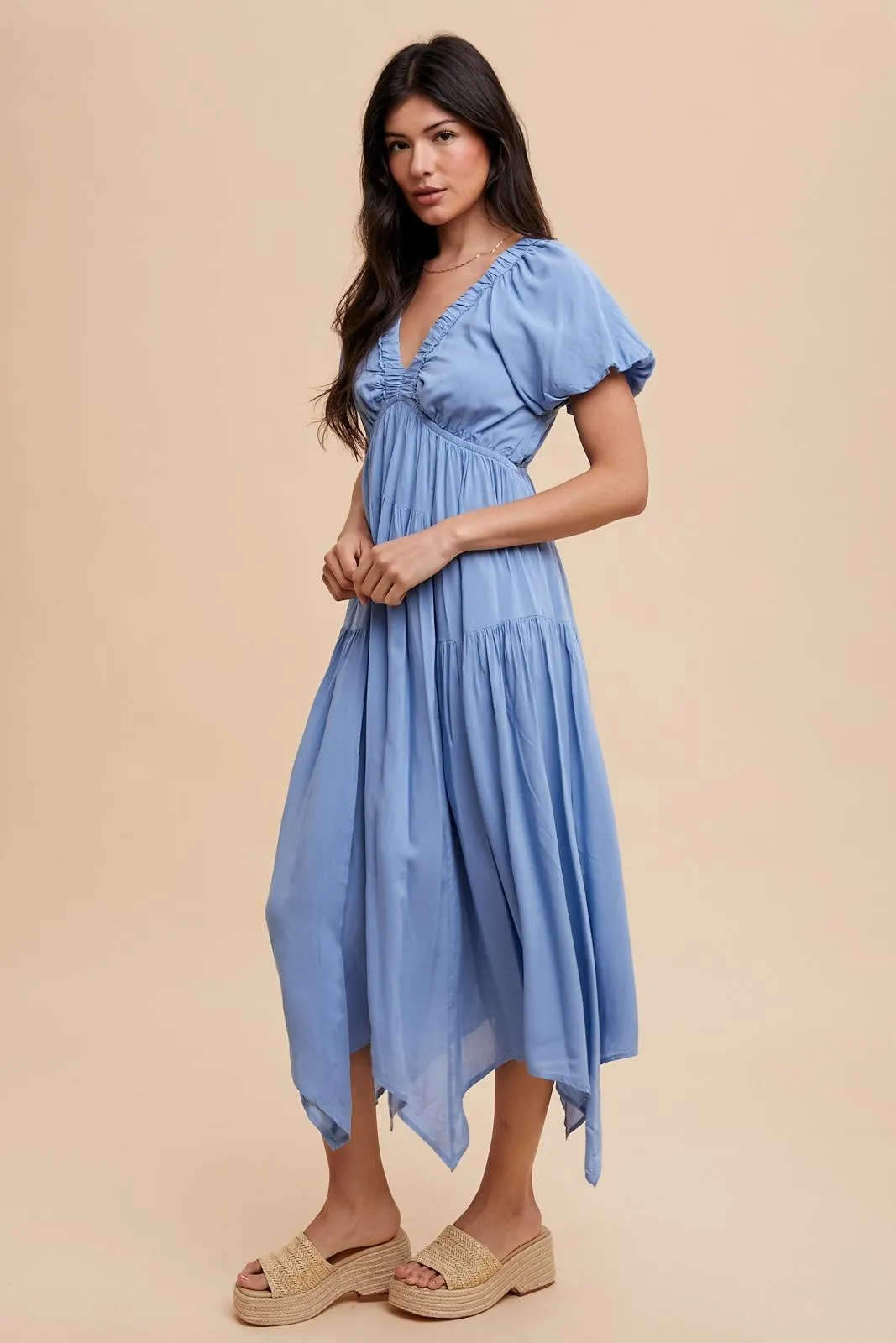 Blue Deep V-Neck Puff Short Sleeve Asymmetrical Hem Midi Dress sold by Pinkblush product image thumbnail 3