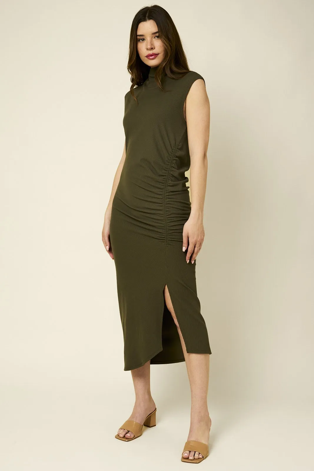 Olive Mock Neck Side Ruched Side Slit Dress sold by Pinkblush