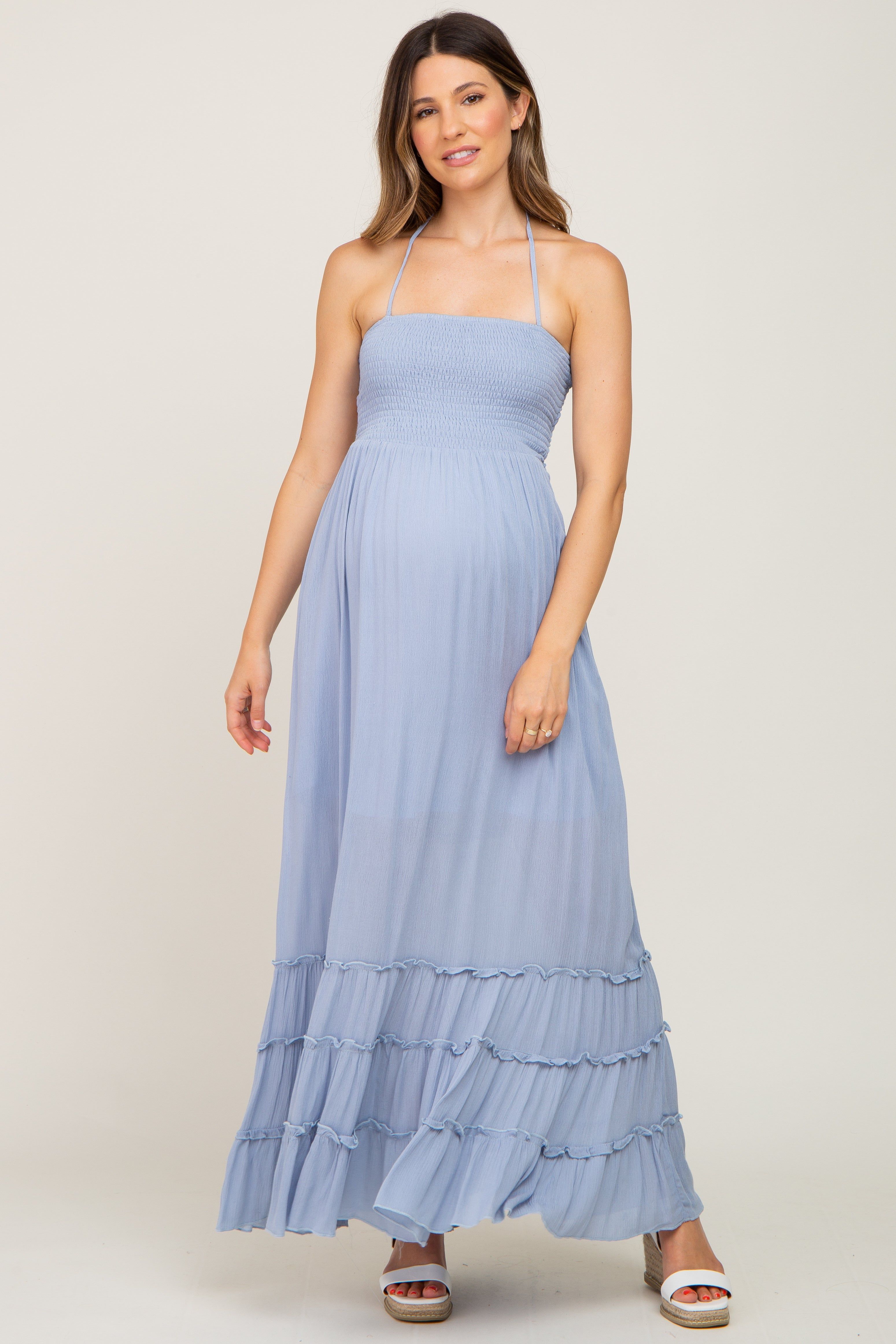Light Blue Halter Smocked Maternity Maxi Dress sold by Pinkblush