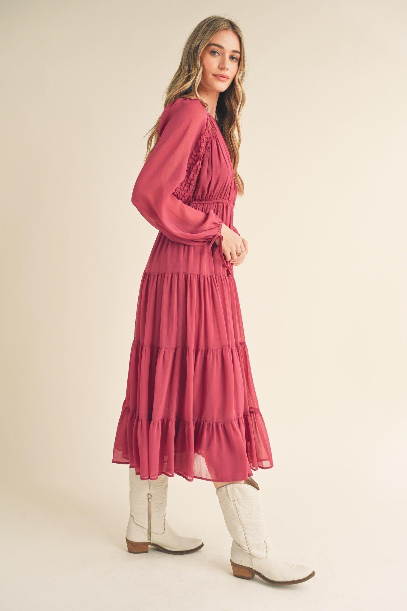 Magenta Tiered Ruffle Sleeve Midi Dress sold by Pinkblush product image thumbnail 3