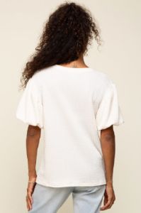 Cream Textured Knit Short Puff Sleeve Top sold by Pinkblush