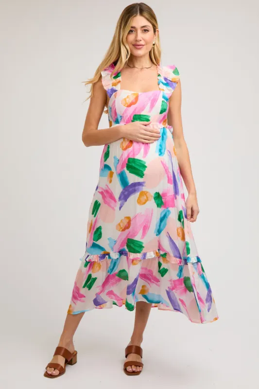 White Watercolor Print Ruffle Accent Maternity Midi Dress sold by Pinkblush