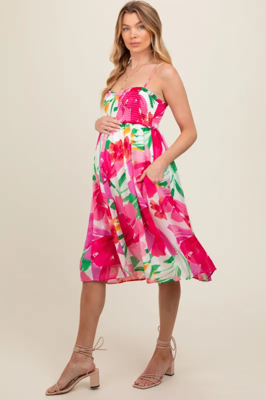 Pink Floral Smocked Chiffon Maternity Midi Dress sold by Pinkblush