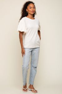 Cream Textured Knit Short Puff Sleeve Top sold by Pinkblush