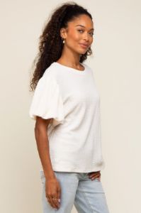 Cream Textured Knit Short Puff Sleeve Top sold by Pinkblush