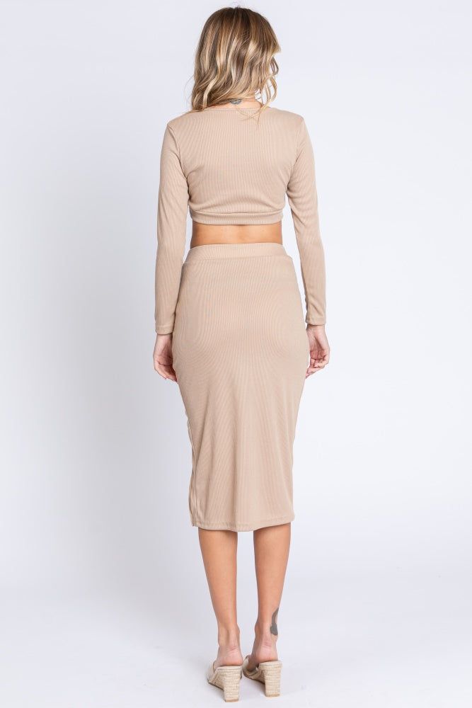 Beige Ribbed Long Sleeve Crop Top Skirt Set sold by Pinkblush product image thumbnail 3