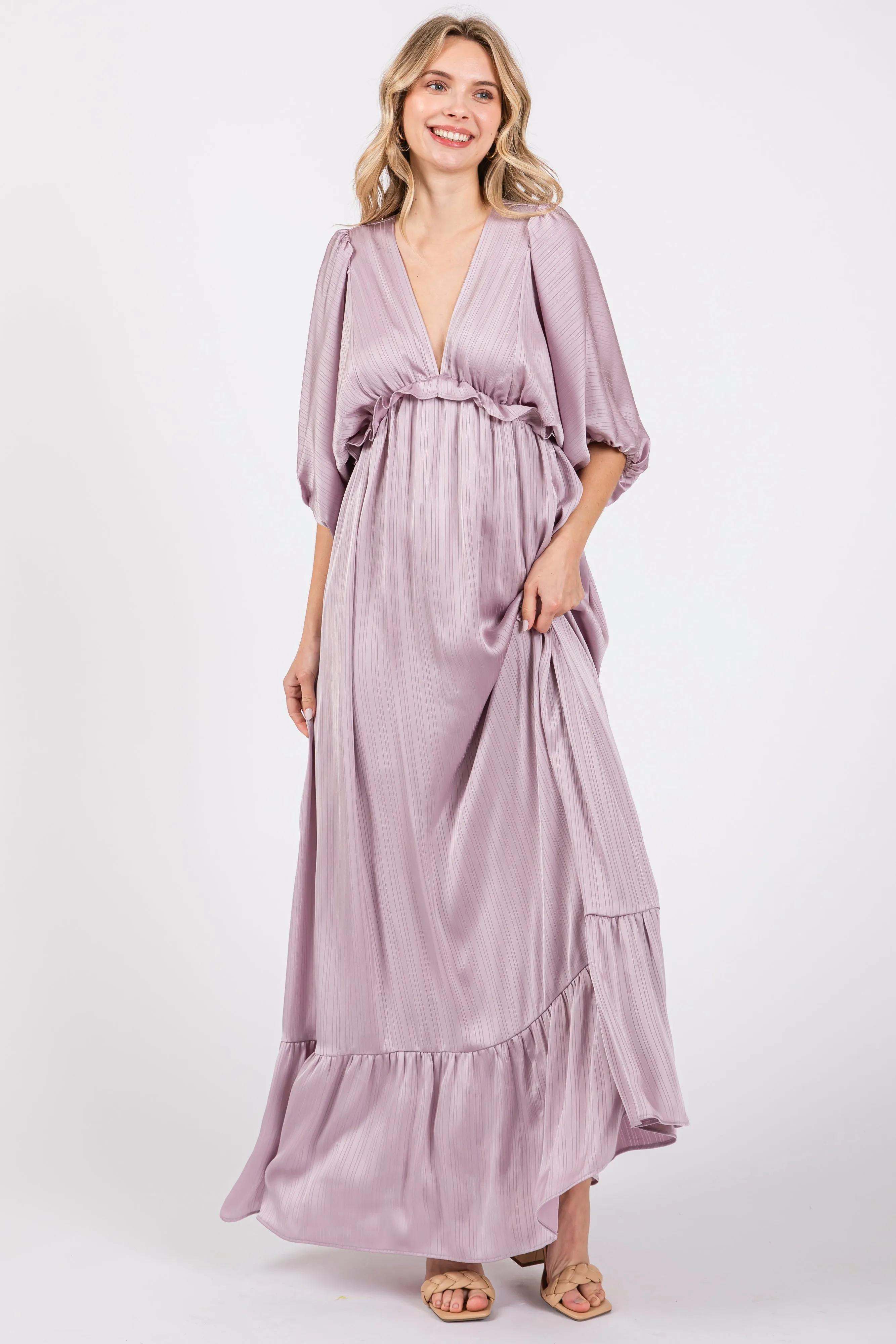 Lavender Striped Ruffle Accent Maxi Dress sold by Pinkblush