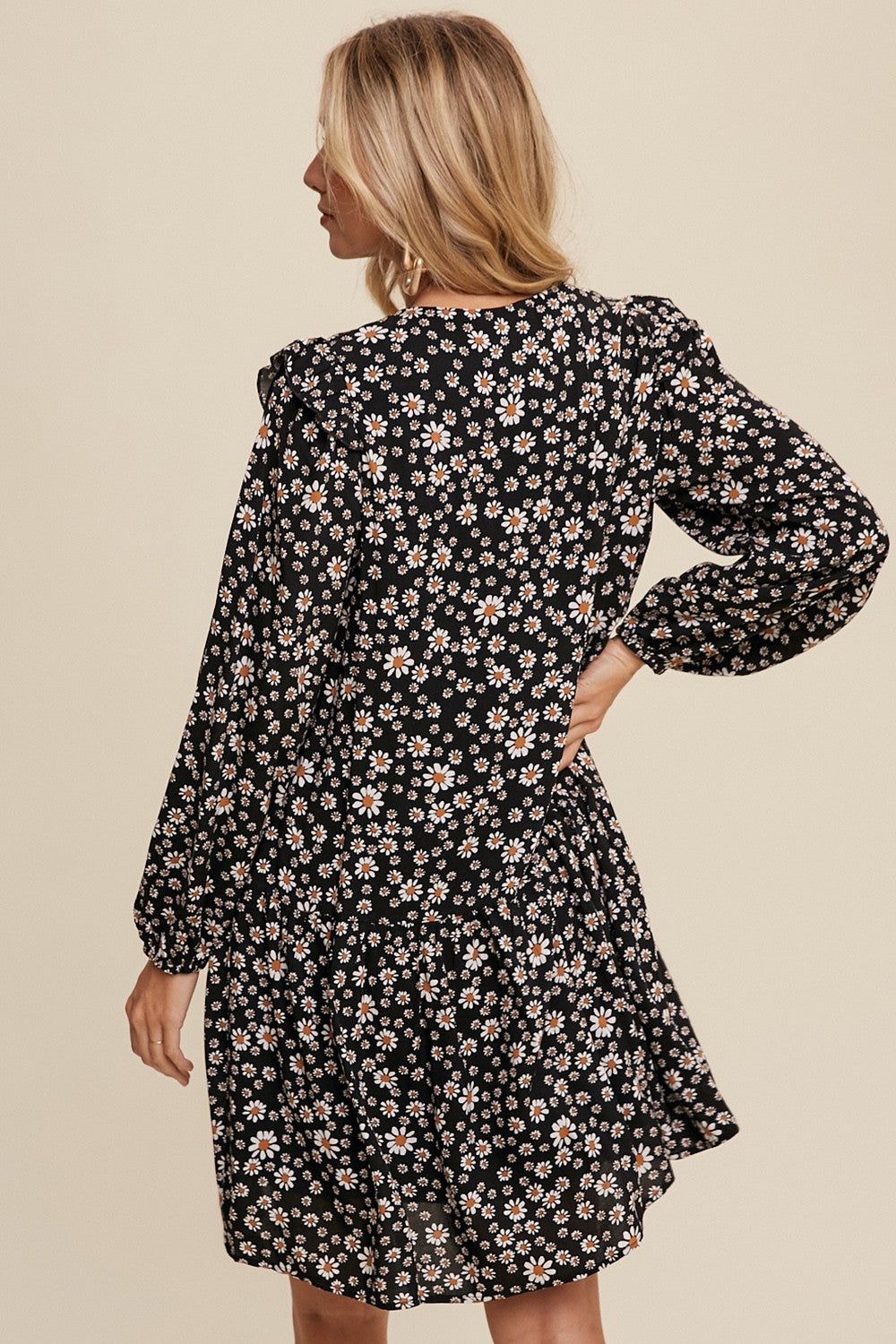 Black Ditzy Flower Print Ruffle Detailed Mini Dress sold by Pinkblush product image thumbnail 3