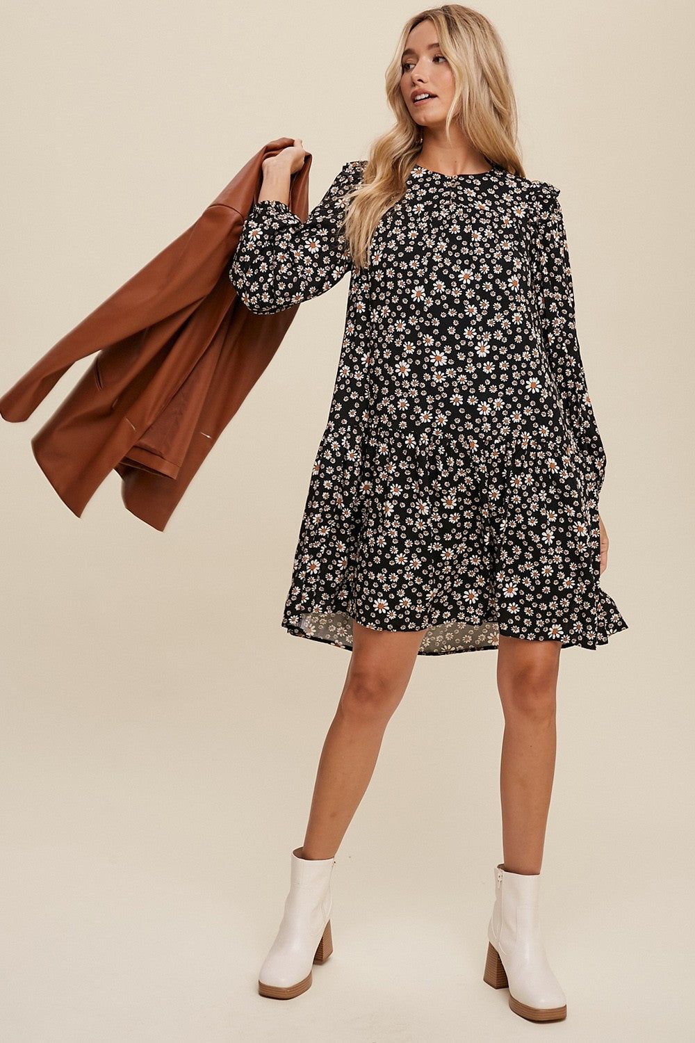 Black Ditzy Flower Print Ruffle Detailed Mini Dress sold by Pinkblush product image thumbnail 4