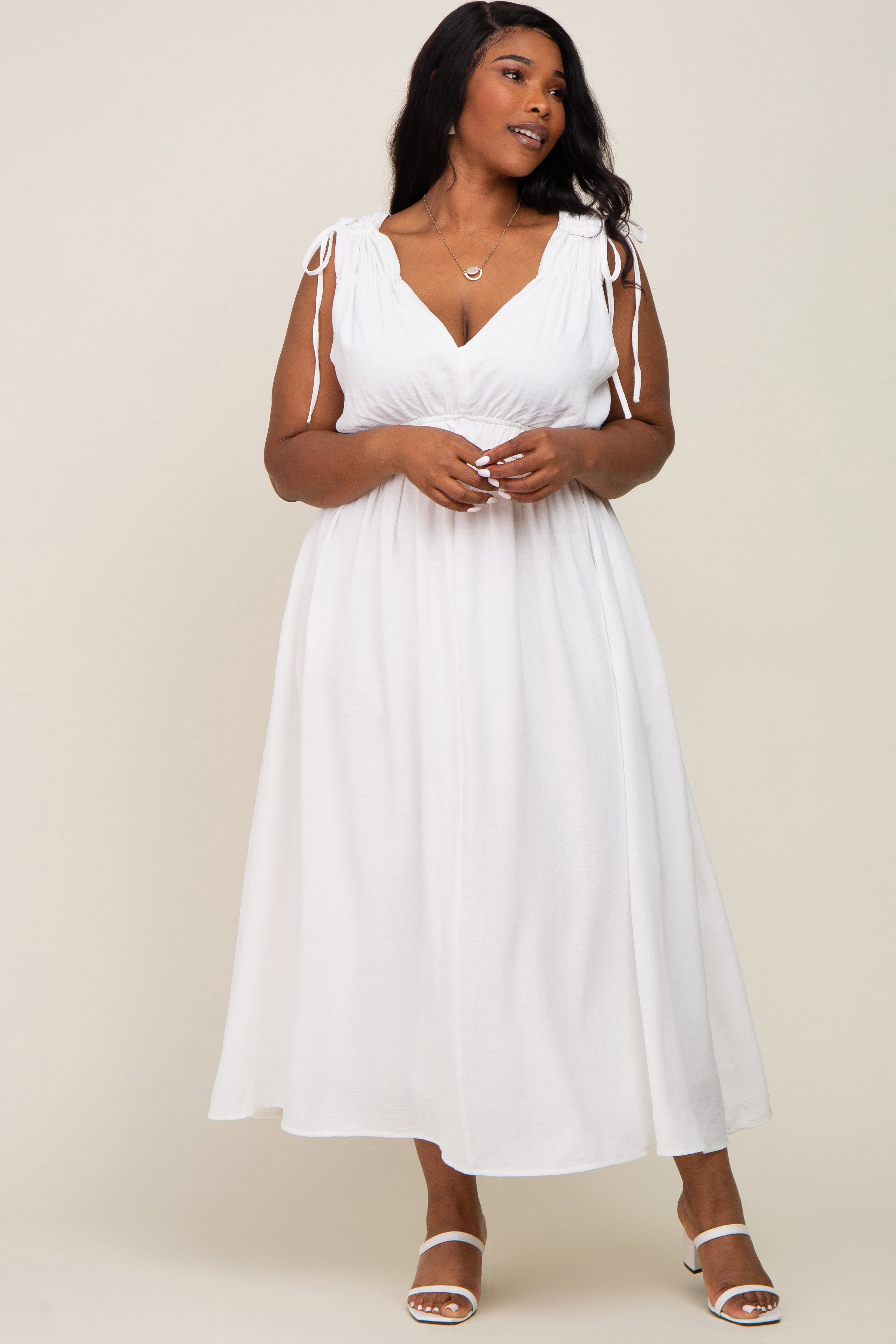 White V-Neck Drawstring Shoulder Maternity Plus Midi Dress sold by Pinkblush product image thumbnail 5