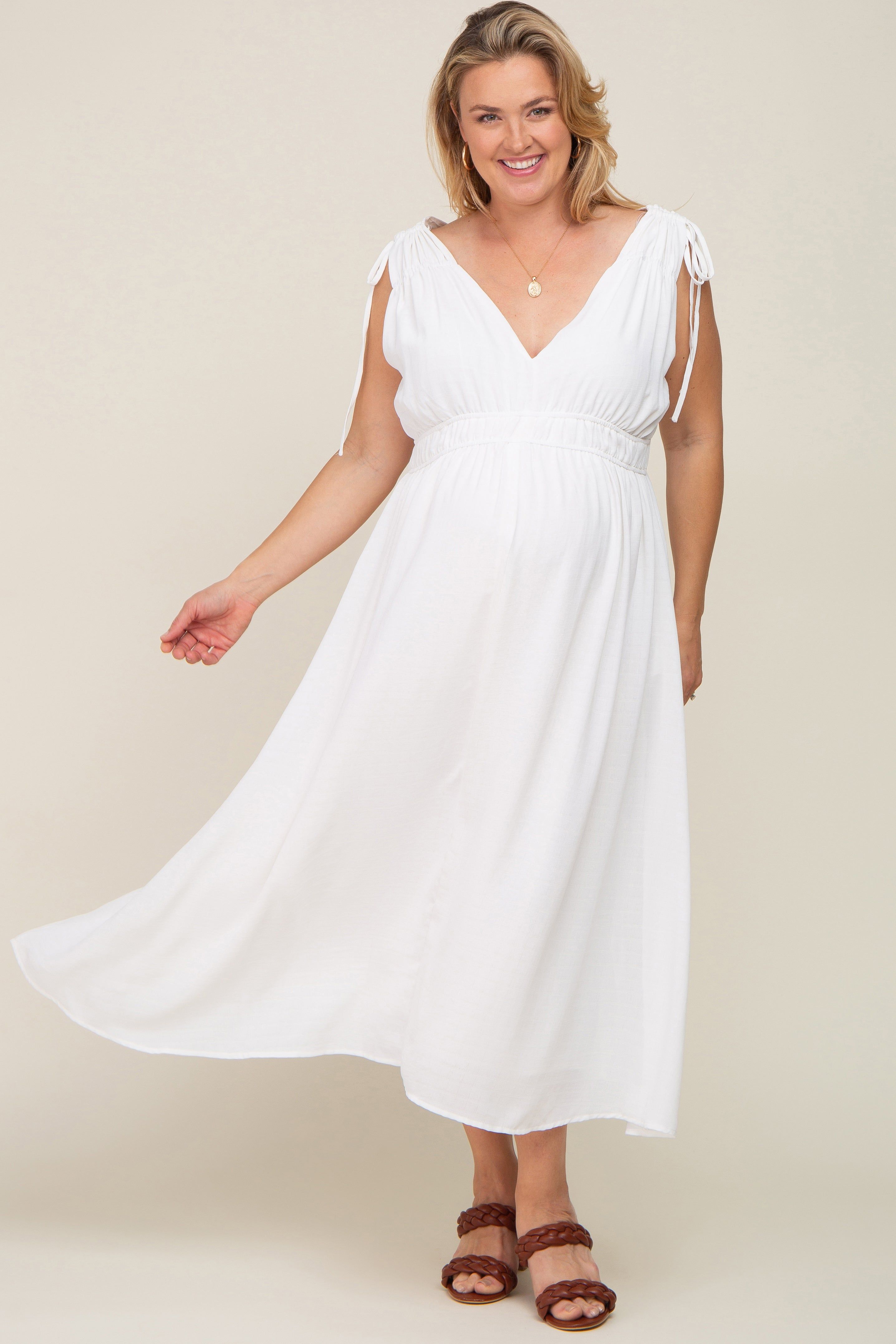 White V-Neck Drawstring Shoulder Maternity Plus Midi Dress sold by Pinkblush product image thumbnail 2