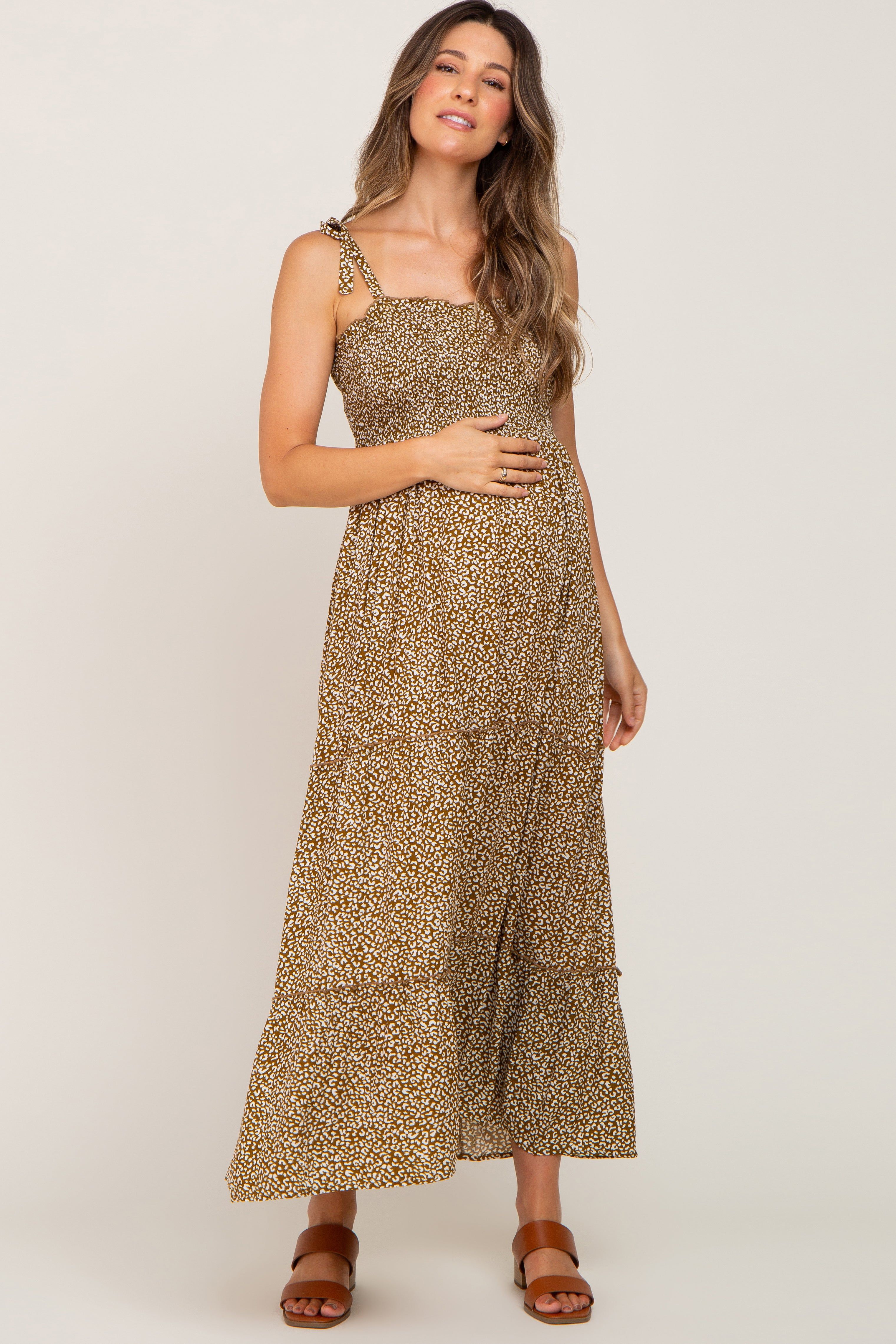 Mocha Animal Print Smocked Maternity Midi Dress sold by Pinkblush