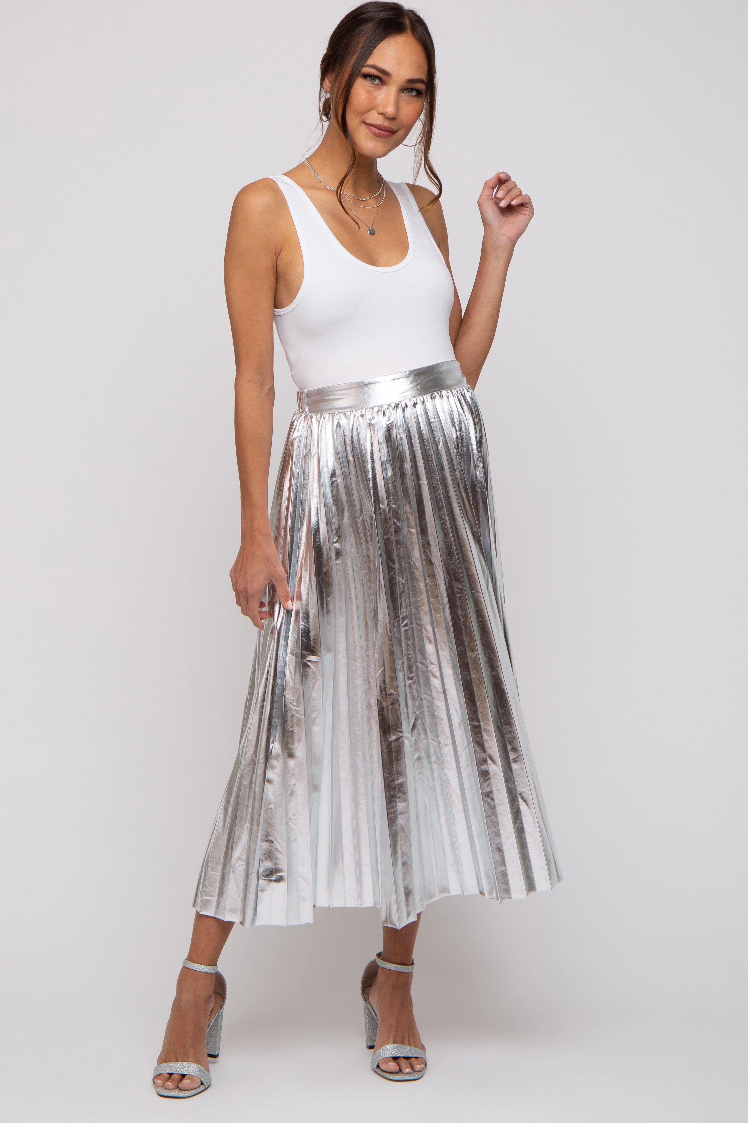 Silver Metallic Pleated Maternity Midi Skirt sold by Pinkblush