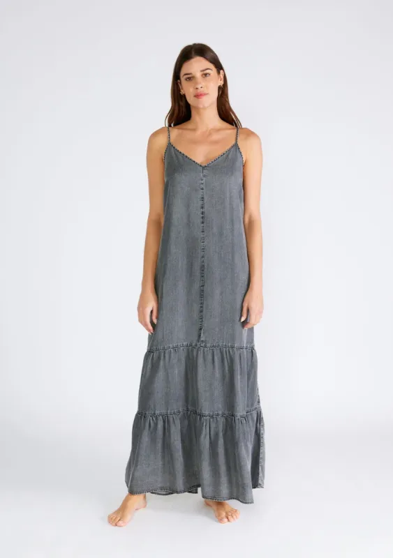 Charcoal Chambray Ruffle Hem Maxi Dress sold by Pinkblush