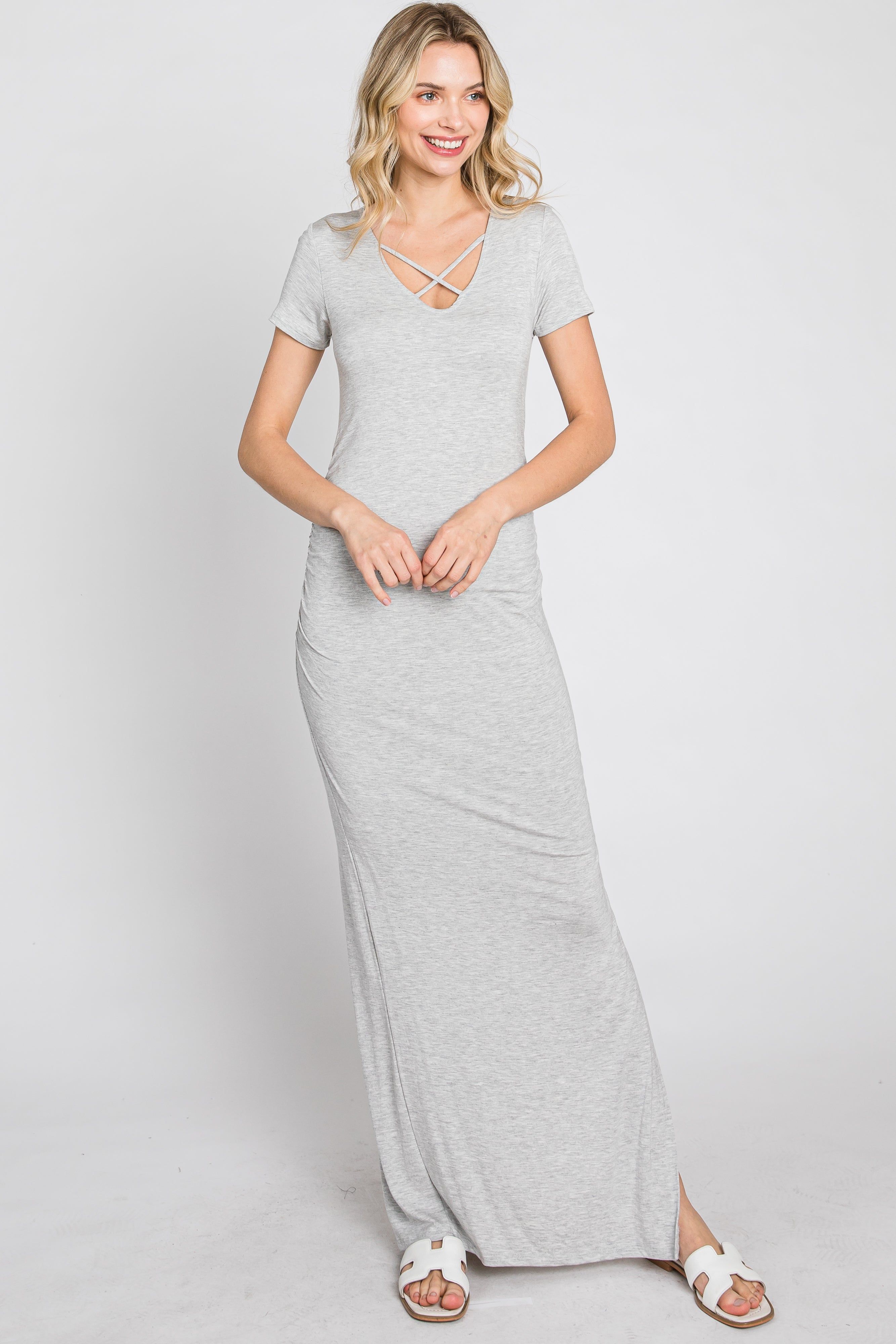 Heather Grey Cross Front Ruched Maxi Dress sold by Pinkblush product image thumbnail 3