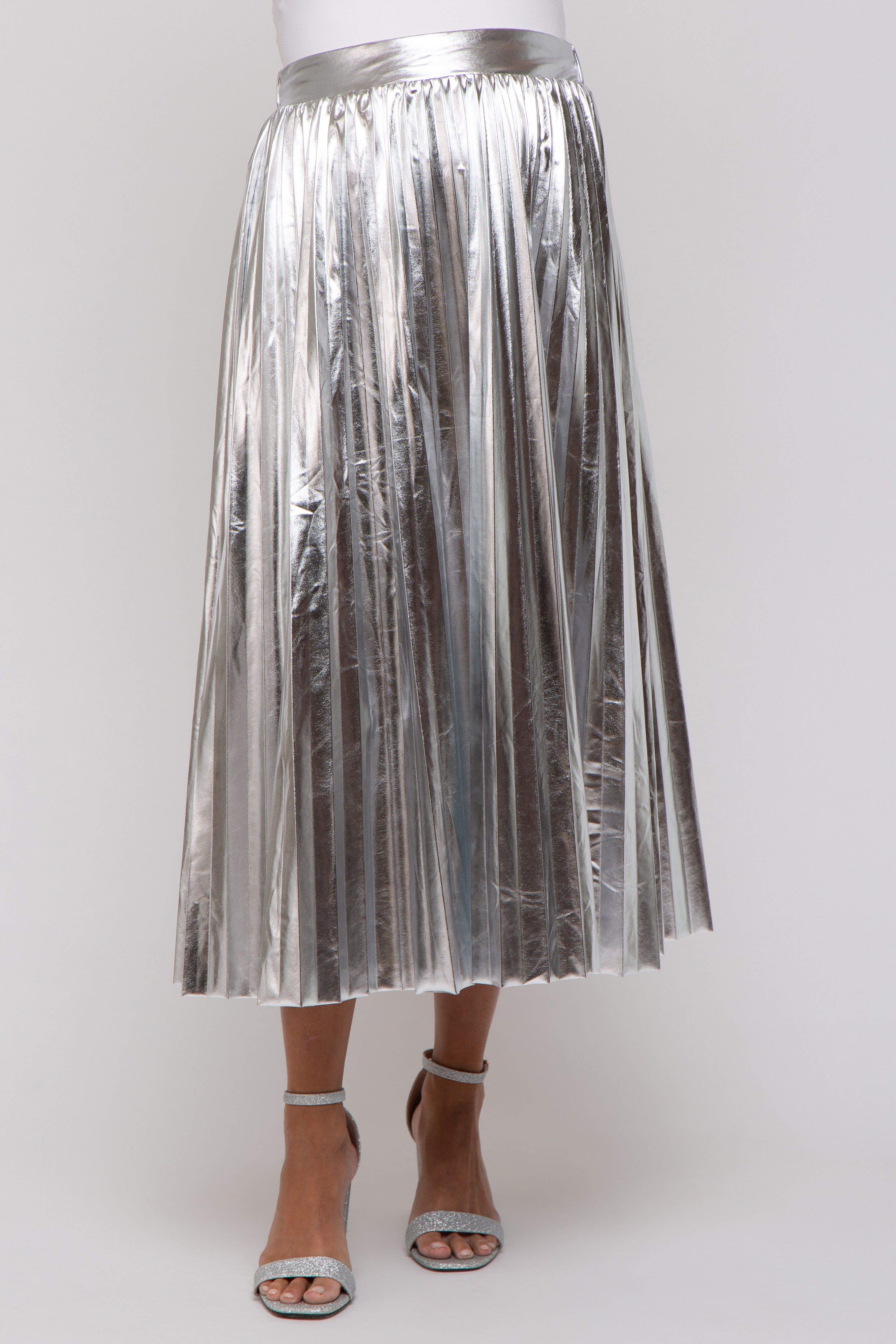 Silver Metallic Pleated Maternity Midi Skirt sold by Pinkblush product image thumbnail 2