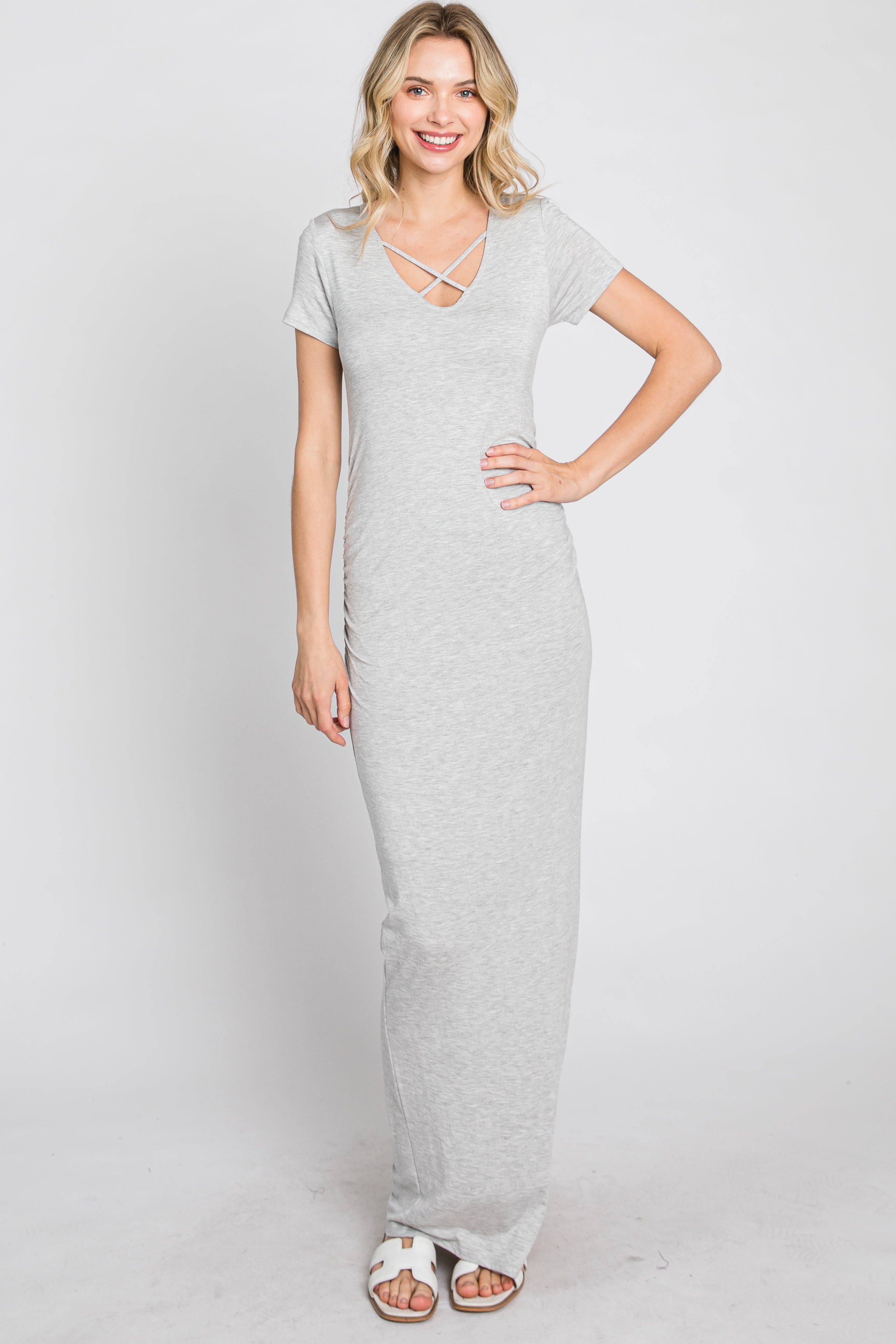 Heather Grey Cross Front Ruched Maxi Dress sold by Pinkblush product image thumbnail 4