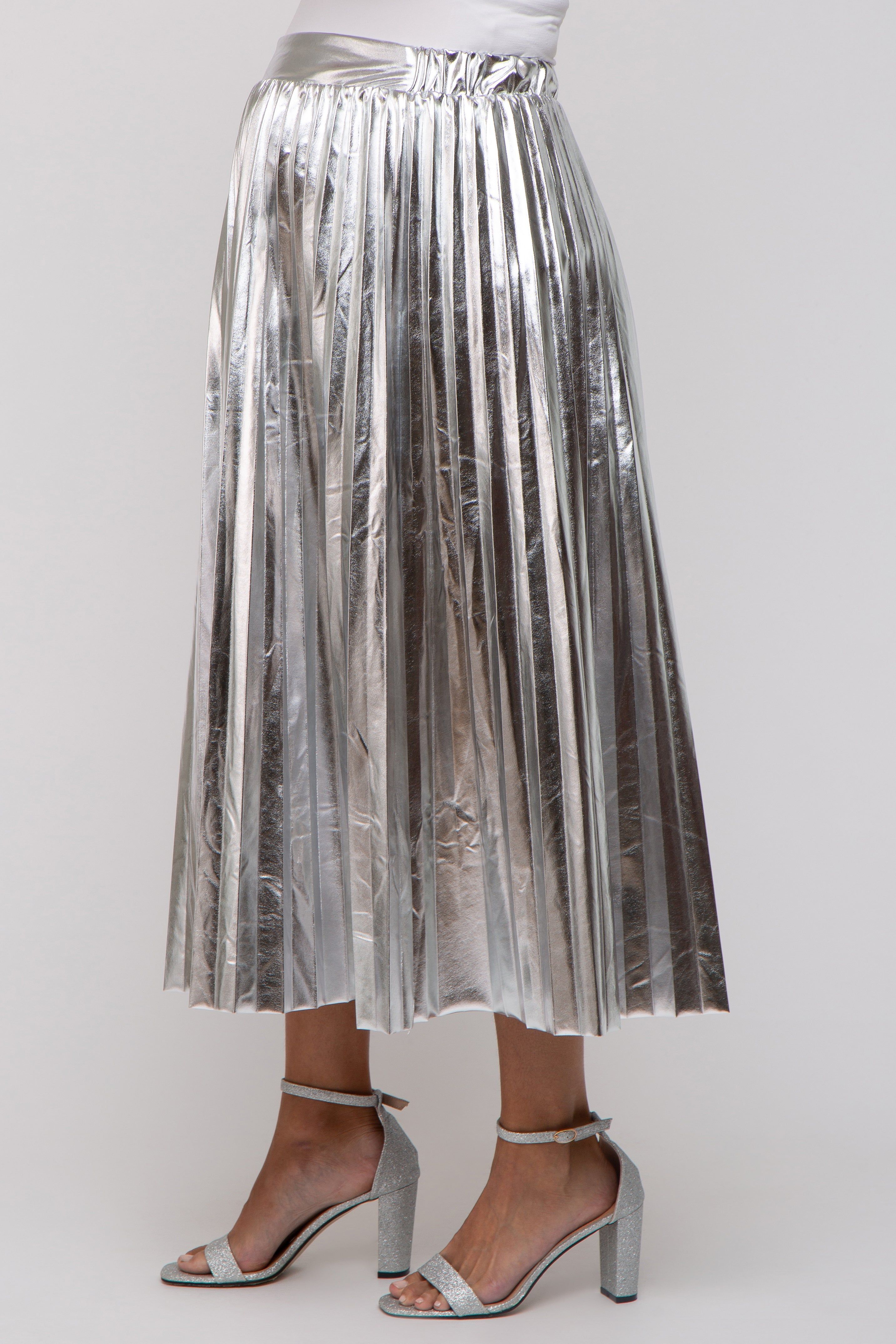 Silver Metallic Pleated Maternity Midi Skirt sold by Pinkblush product image thumbnail 3