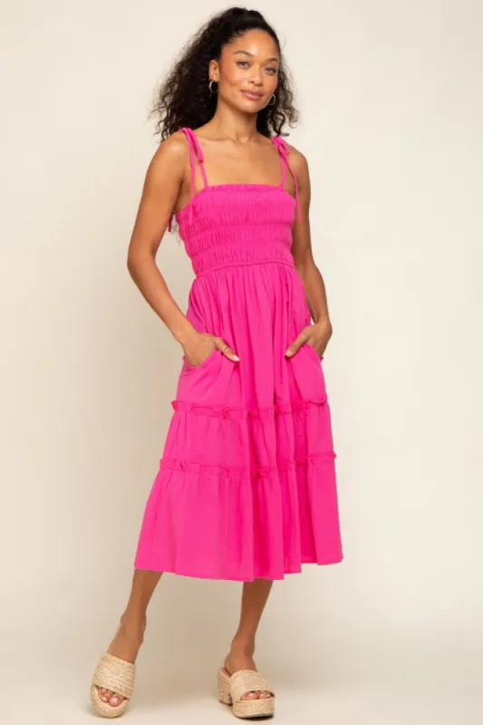 Fuchsia Sleeveless Tiered Midi Dress sold by Pinkblush