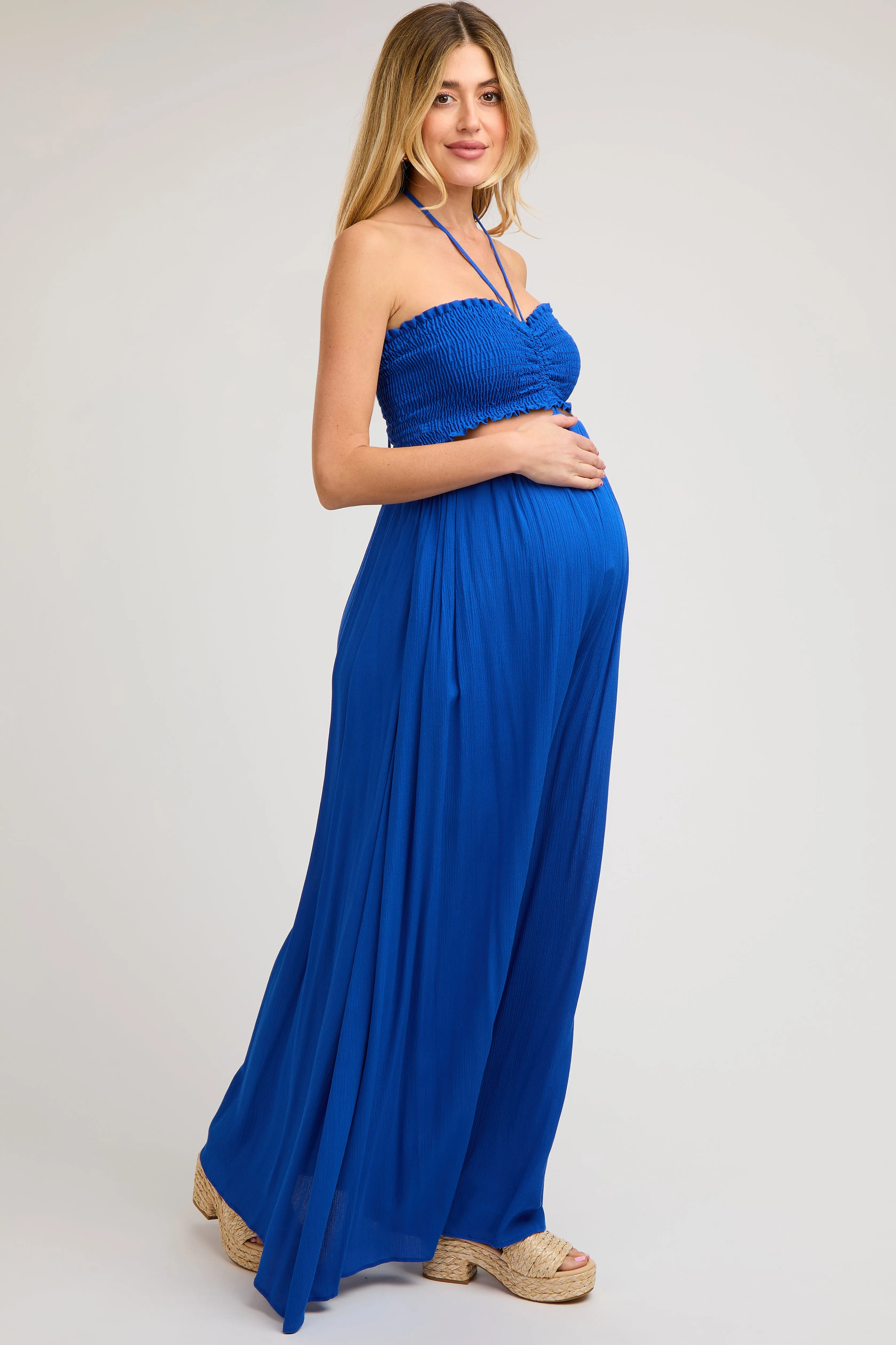 Royal Blue Smocked Drawstring Halter Side Cutout Maternity Jumpsuit sold by Pinkblush product image thumbnail 2