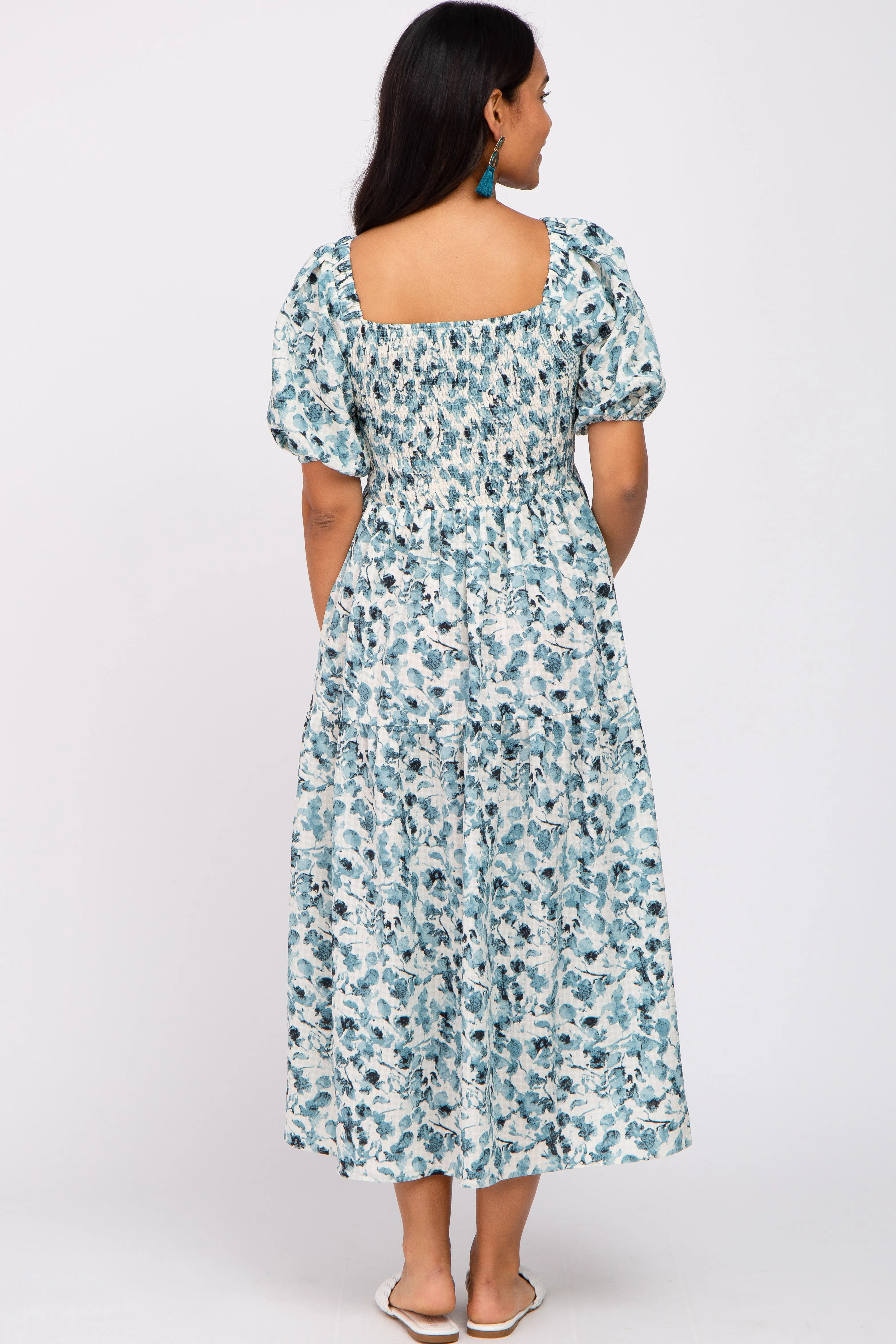Teal Floral Square Neck Smocked Maternity Midi Dress sold by Pinkblush product image thumbnail 3