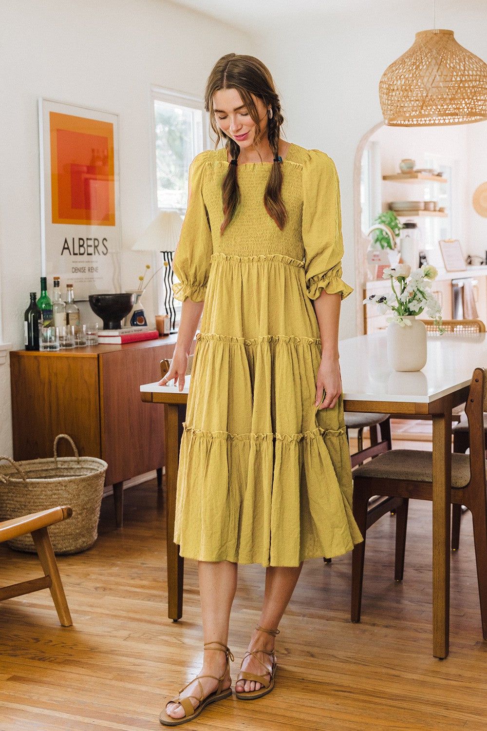 Golden Textured Smocking Bodice Tired Midi Dress sold by Pinkblush