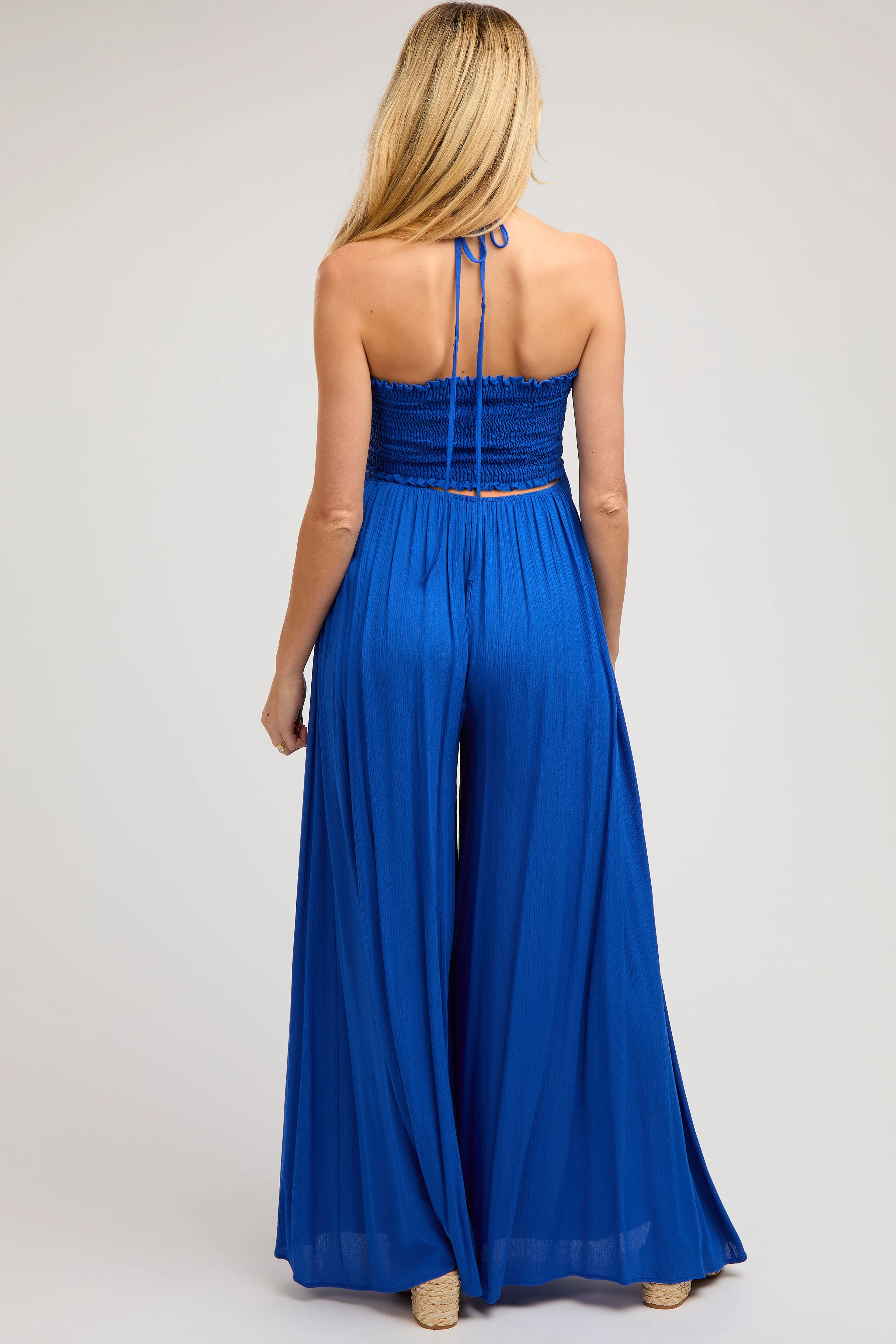 Royal Blue Smocked Drawstring Halter Side Cutout Maternity Jumpsuit sold by Pinkblush product image thumbnail 3