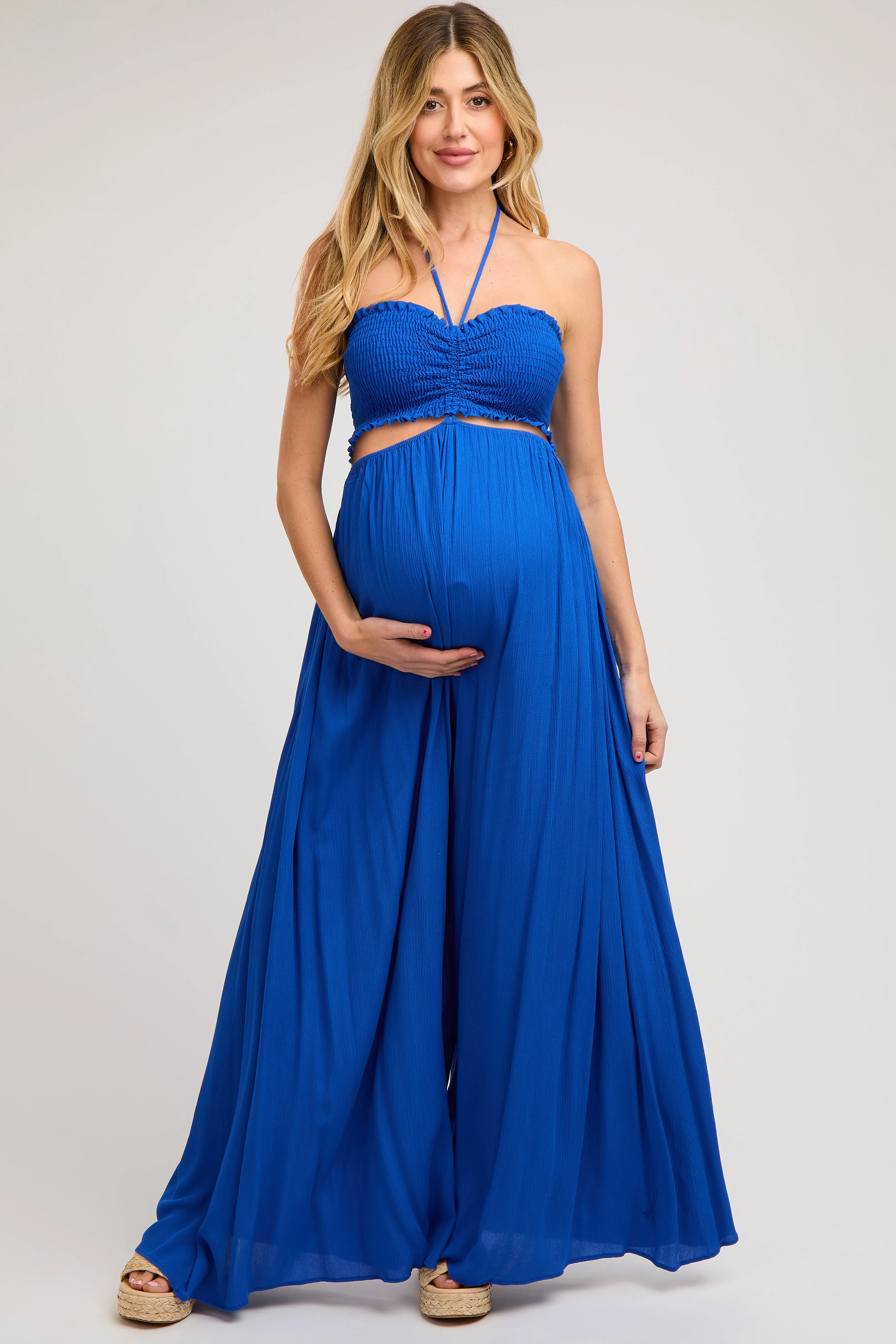 Royal Blue Smocked Drawstring Halter Side Cutout Maternity Jumpsuit sold by Pinkblush