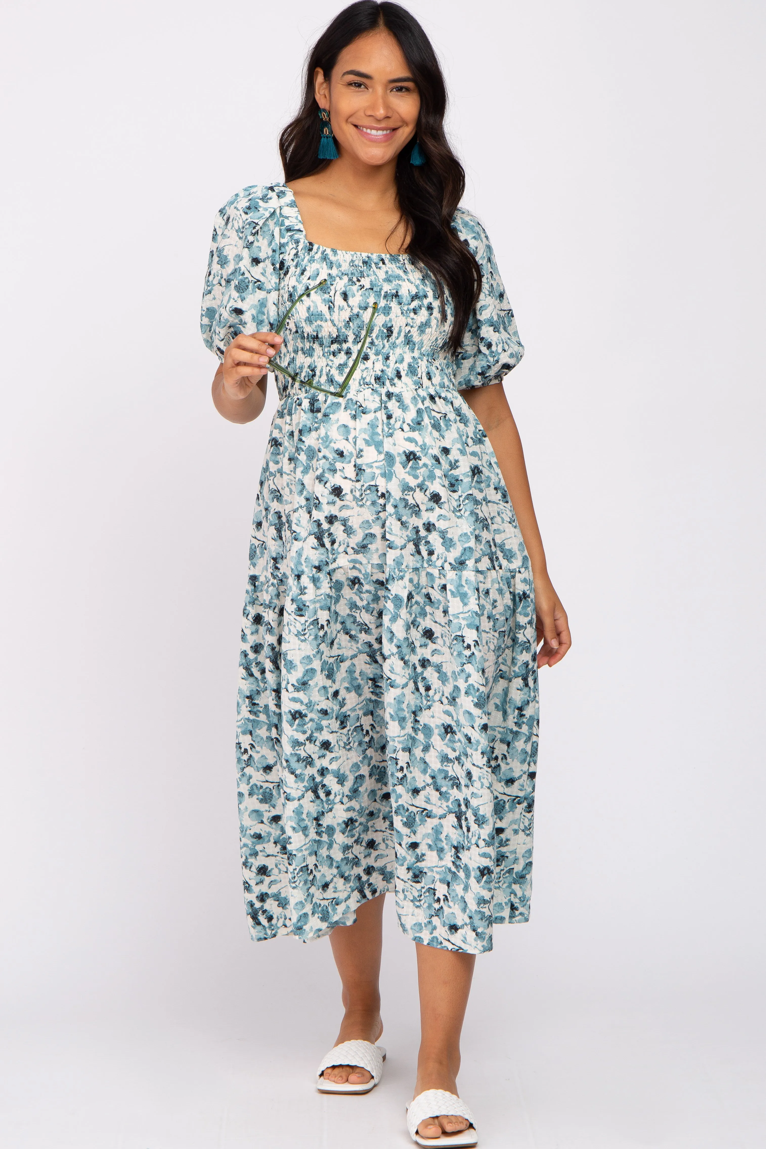 Teal Floral Square Neck Smocked Maternity Midi Dress sold by Pinkblush product image thumbnail 4