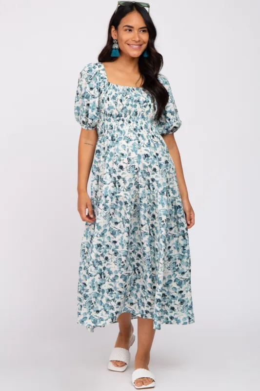 Teal Floral Square Neck Smocked Maternity Midi Dress sold by Pinkblush