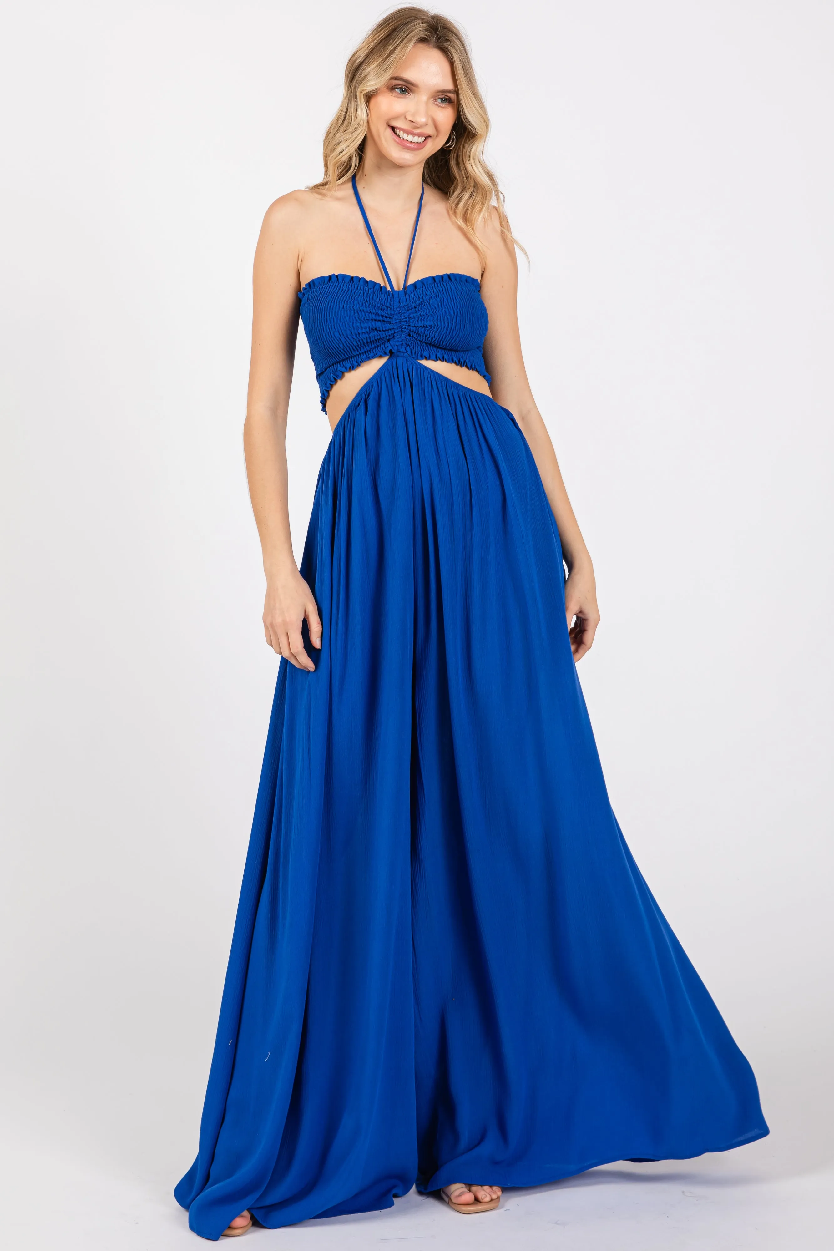 Royal Blue Smocked Drawstring Halter Side Cutout Maternity Jumpsuit sold by Pinkblush product image thumbnail 4