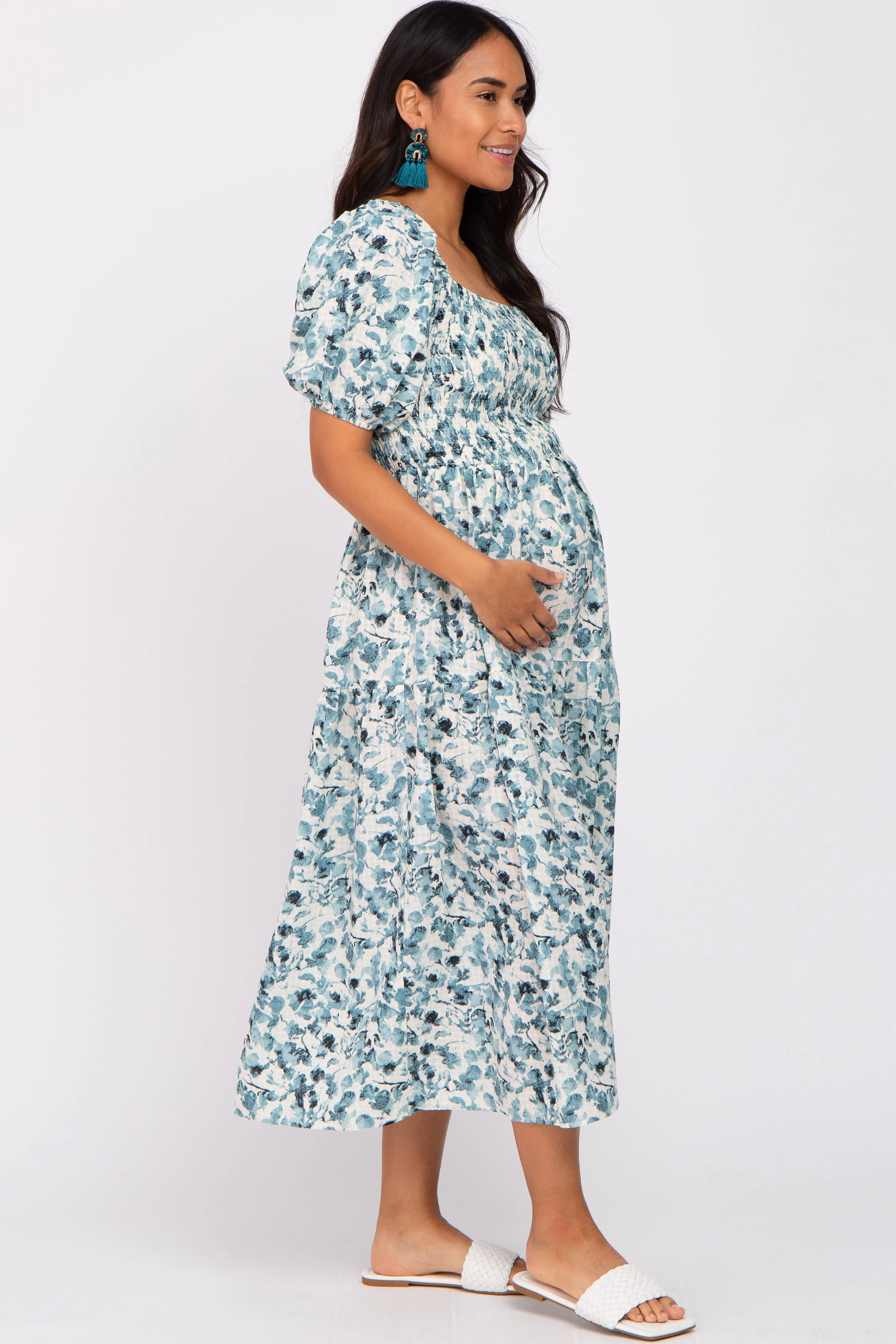 Teal Floral Square Neck Smocked Maternity Midi Dress sold by Pinkblush product image thumbnail 2